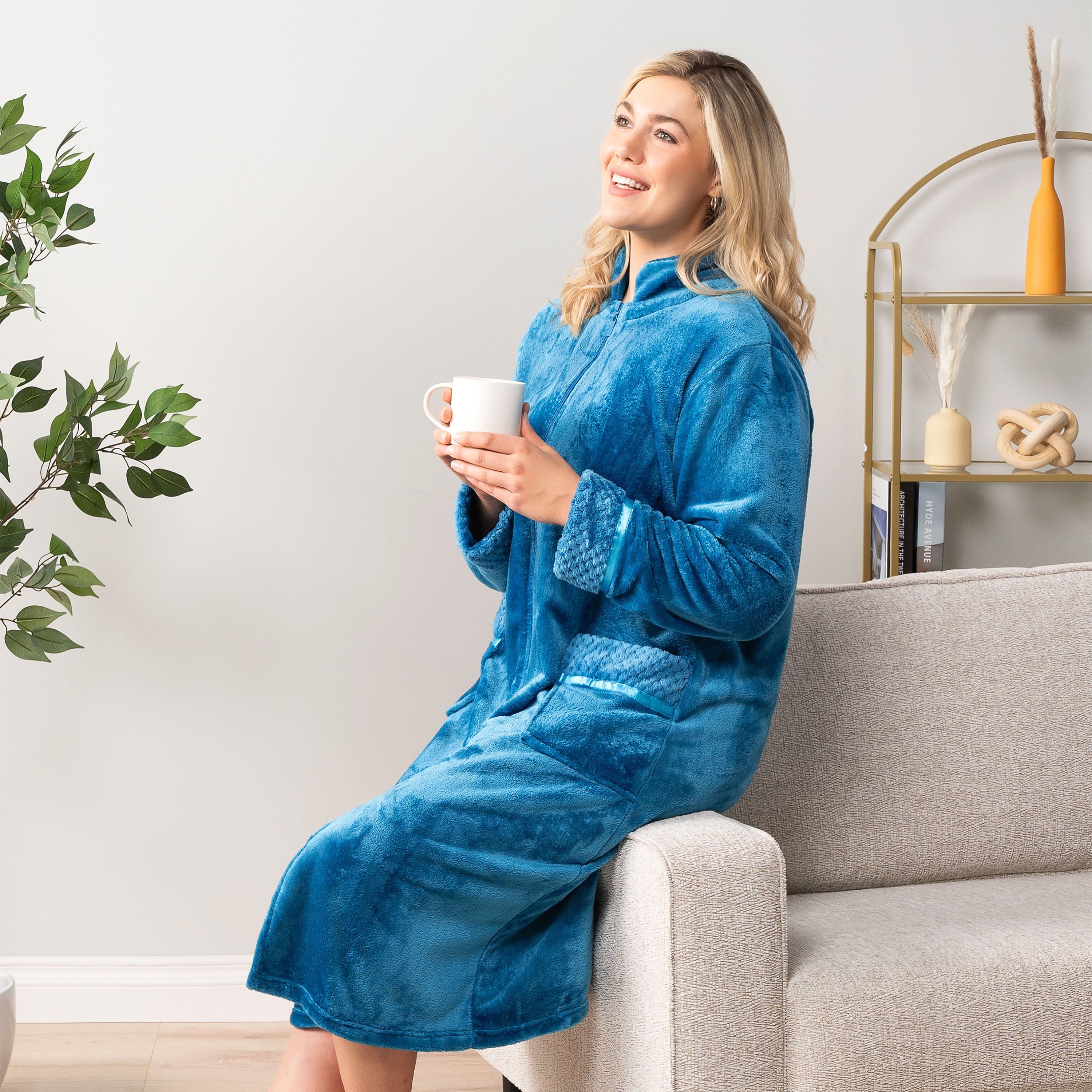 Women Zipper Robe Housecoat Lounger Zip Up Robe Full Length Satin Trim Ladies - Picture 67 of 89