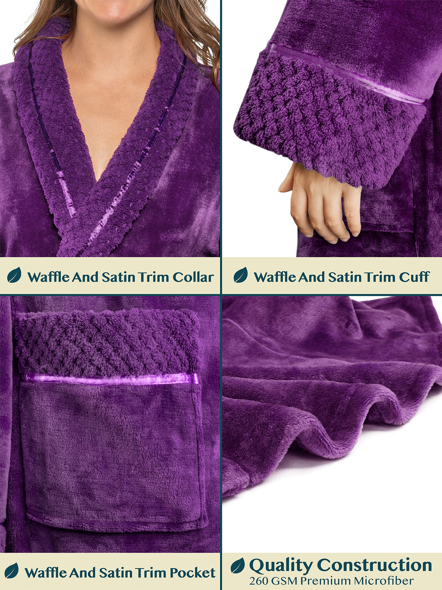 Womens Fleece Robe with Waffle Trim Plush Soft Warm Long Spa Night Bathrobe Lady