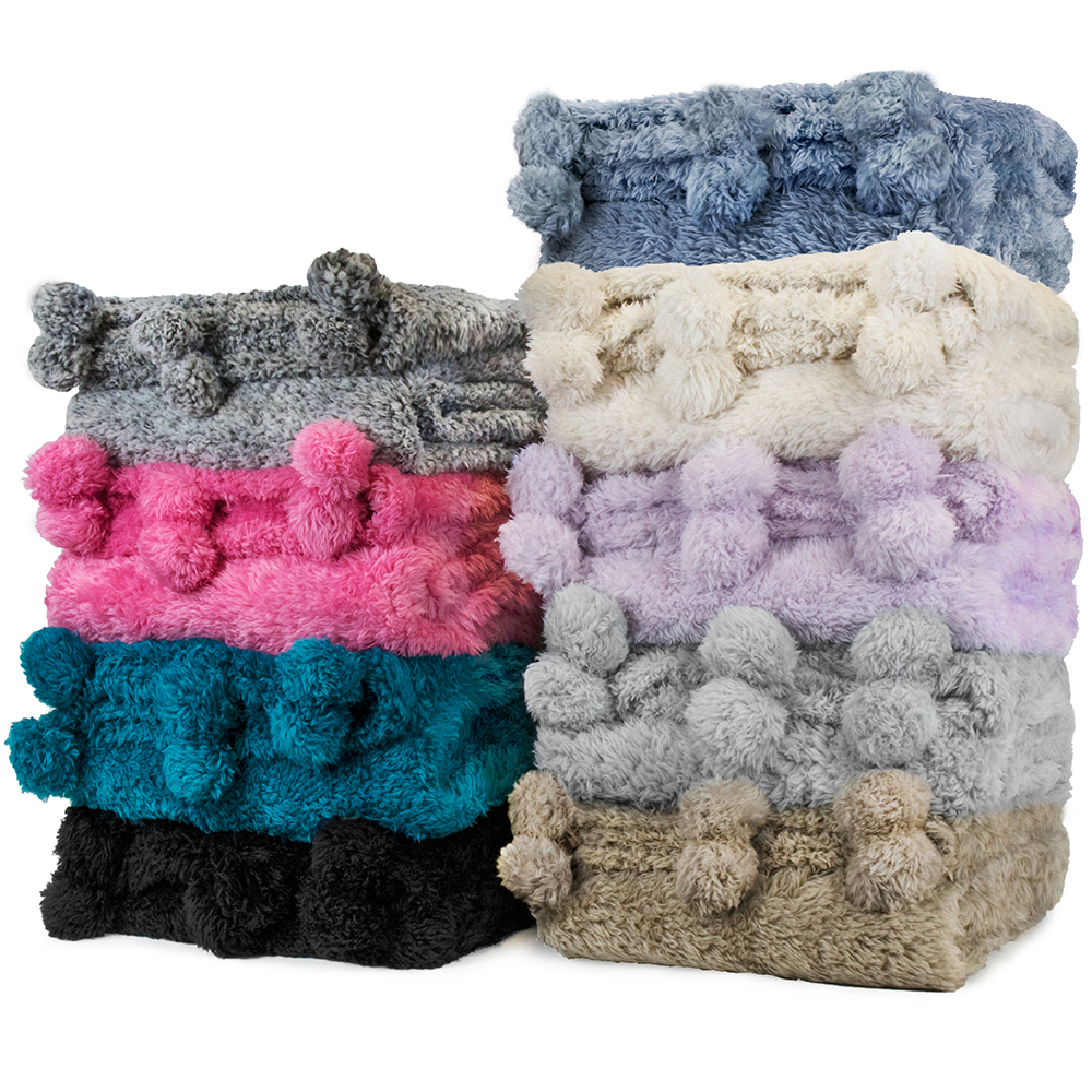 Soft Fuzzy Cozy Pom Pom Throw Blanket with Fluffy Sherpa Fleece for Sofa Couch - Picture 30 of 100
