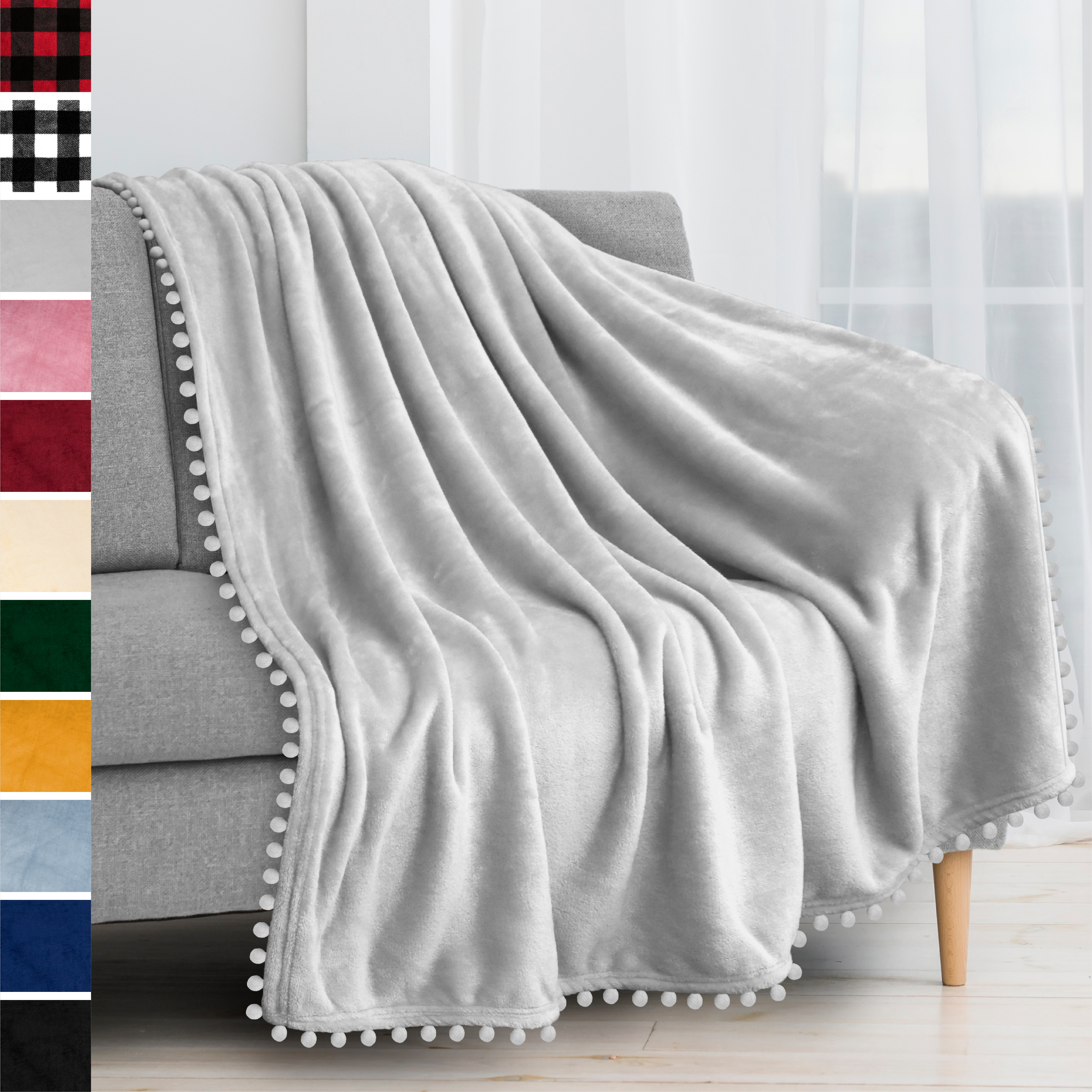 thumbnail 62 - Fleece Throw Blanket with Pom Pom Fringe Super Soft Lightweight Bed Couch Home