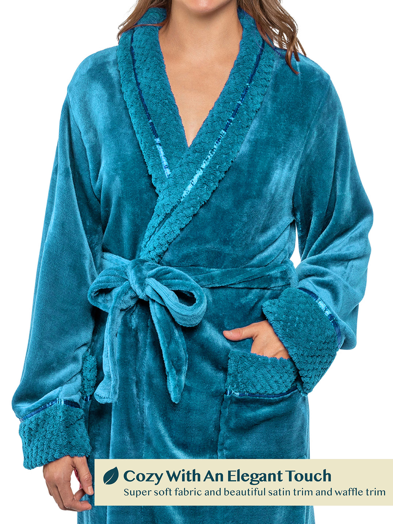 Womens Fleece Robe with Waffle Trim Plush Soft Warm Long Spa Night Bathrobe Lady