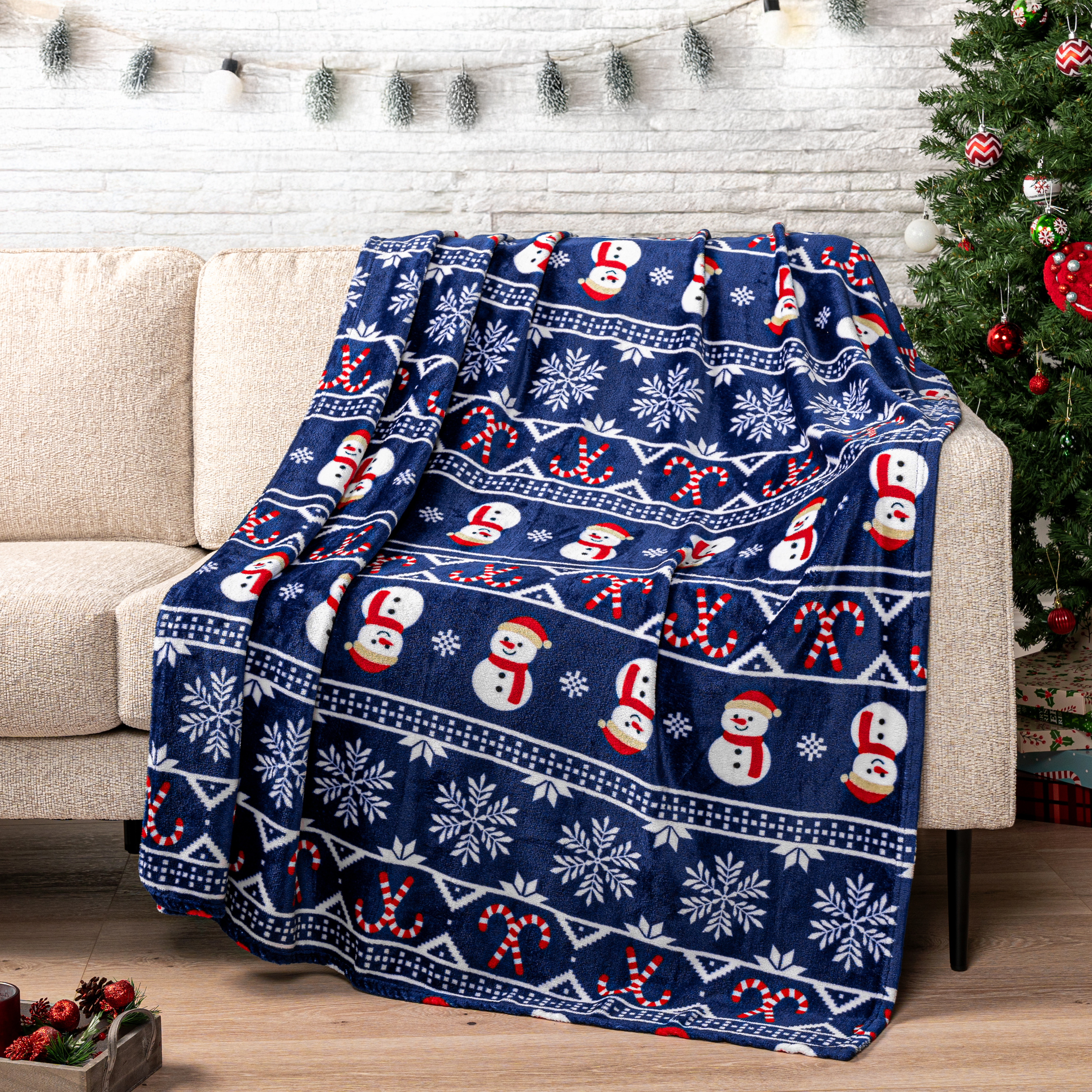 Christmas Blanket Plaid Checkered Holiday Theme Print Throw Fleece Sofa Couch
