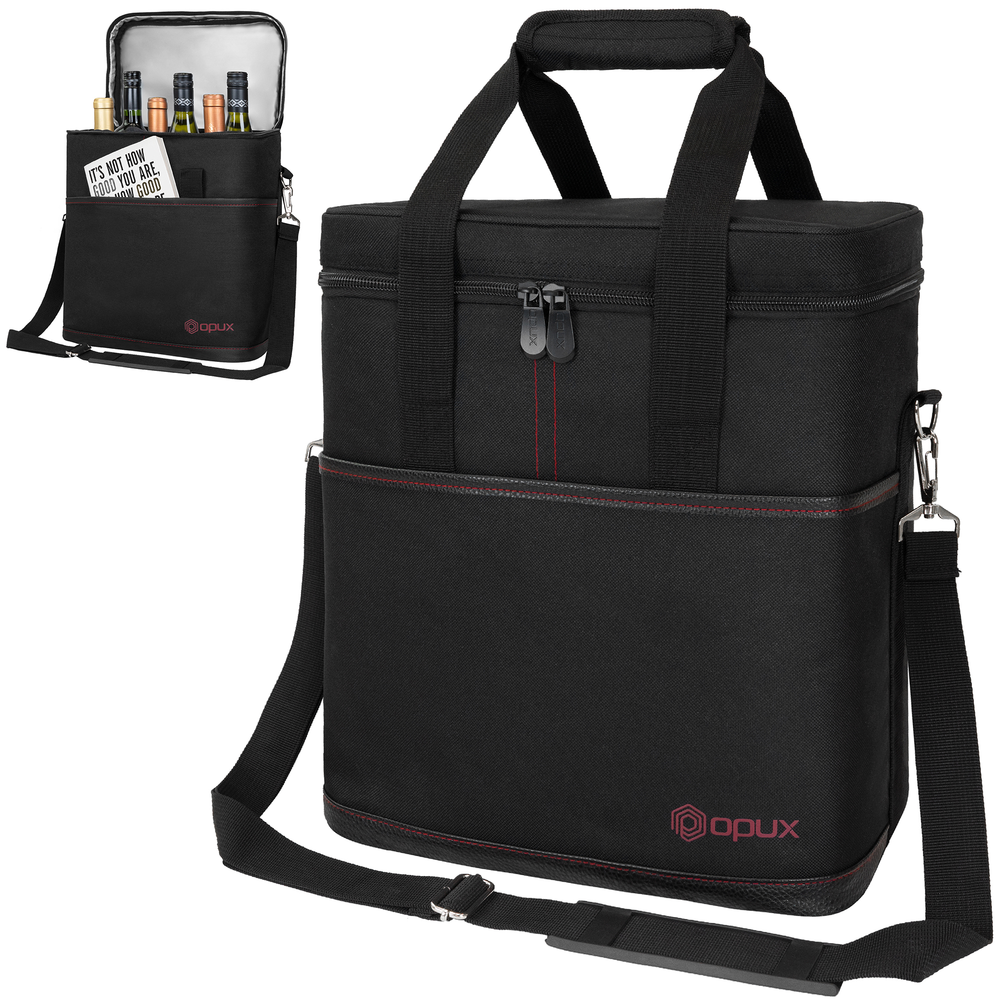 OPUX Wine Bag 2 Bottle Tote Carrier, Leakproof Portable Padded Insulated  Cooler Case Travel Picnic Gifts Christmas (Black, One Size)