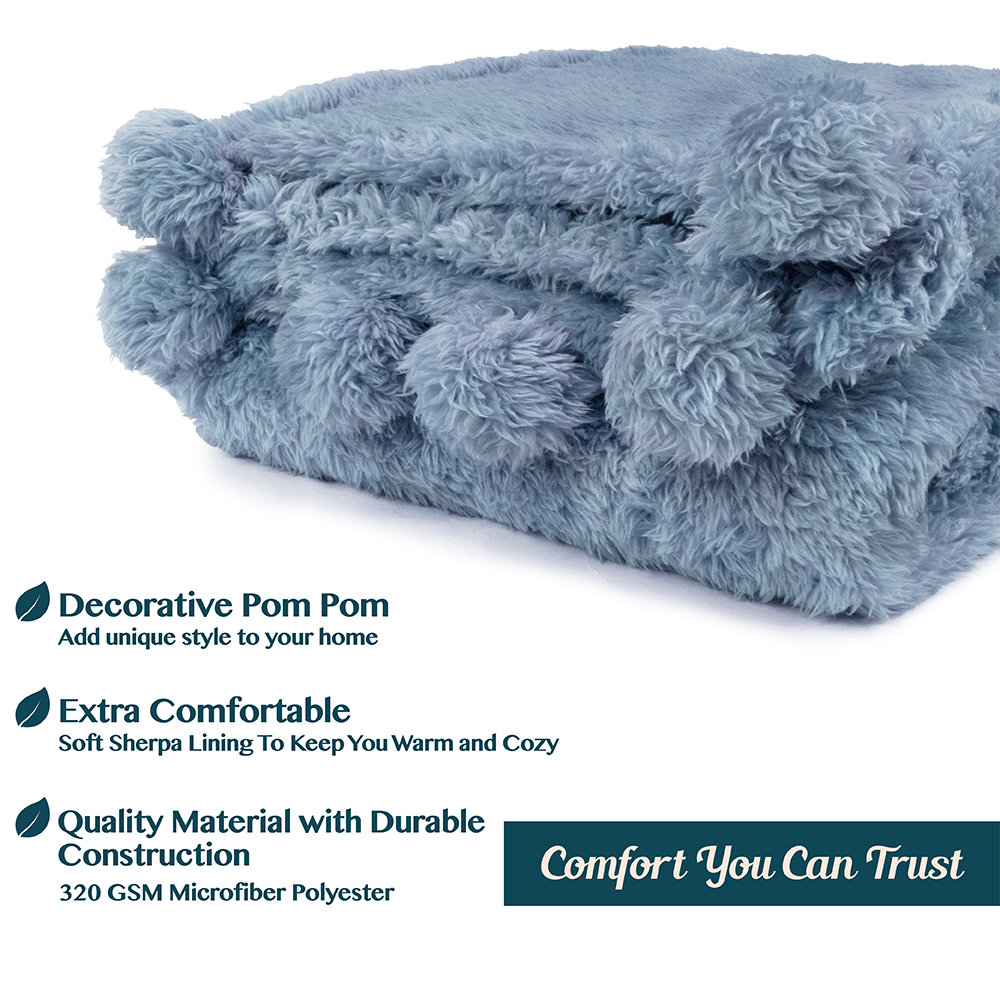 Soft Fuzzy Cozy Pom Pom Throw Blanket with Fluffy Sherpa Fleece for Sofa Couch - Picture 27 of 100