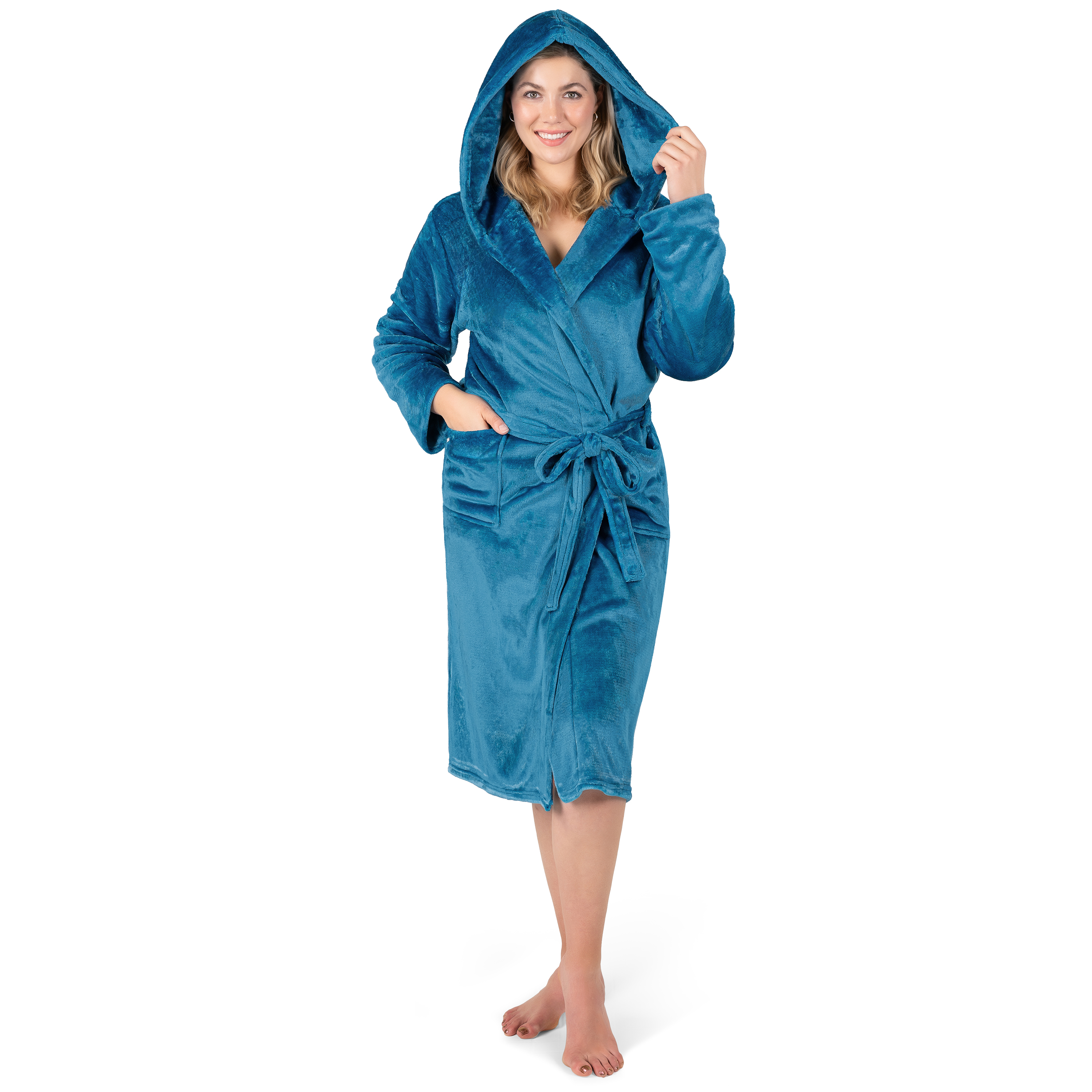 Womens Robe with Hood Fleece Plush Soft Long Hooded Robe Bathrobe for Spa Bath