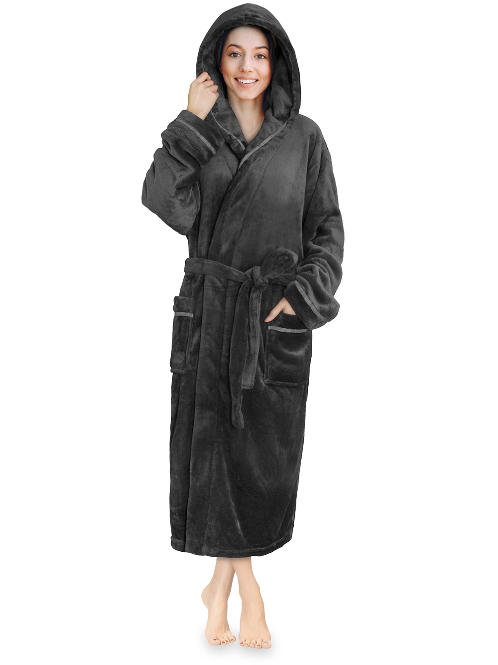 Womens Fleece Hooded Robe Plush Warm Long Luxury Spa Night Bathrobe Sleepwear - Picture 17 of 49