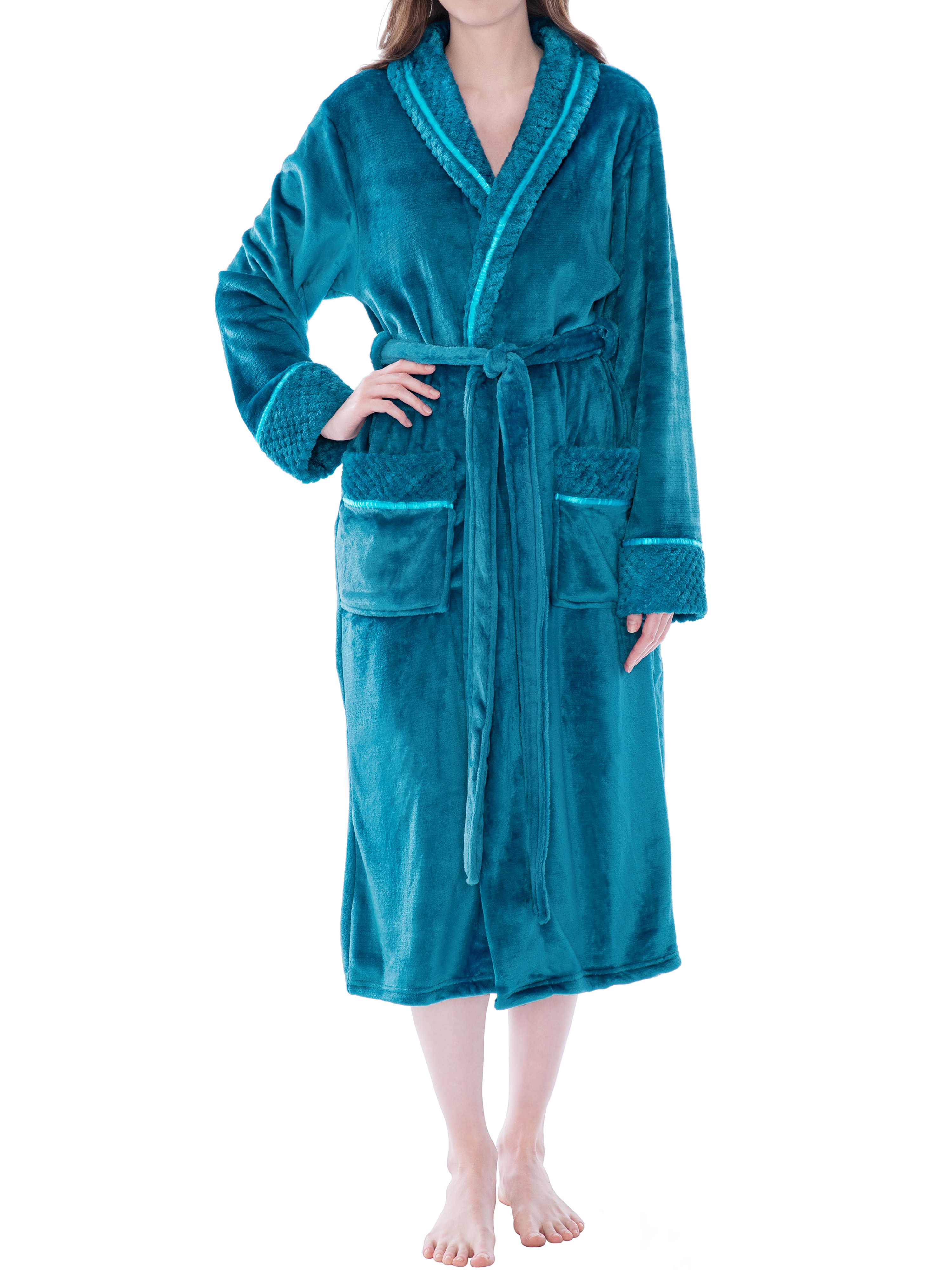 Womens Fleece Robe with Waffle Trim Plush Soft Warm Long Spa Night Bathrobe Lady