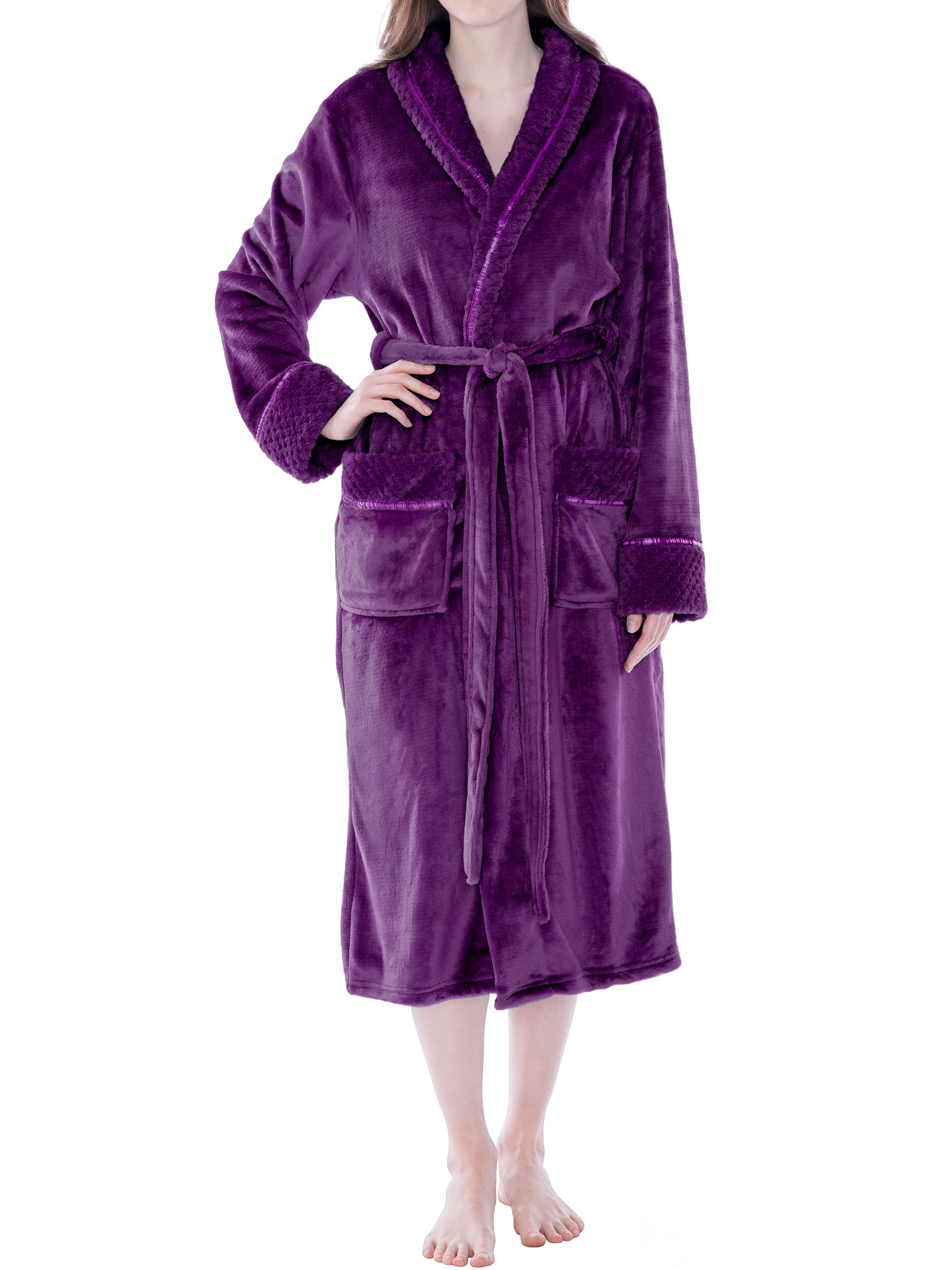 Womens Fleece Robe with Waffle Trim Plush Soft Warm Long Spa Night Bathrobe Lady