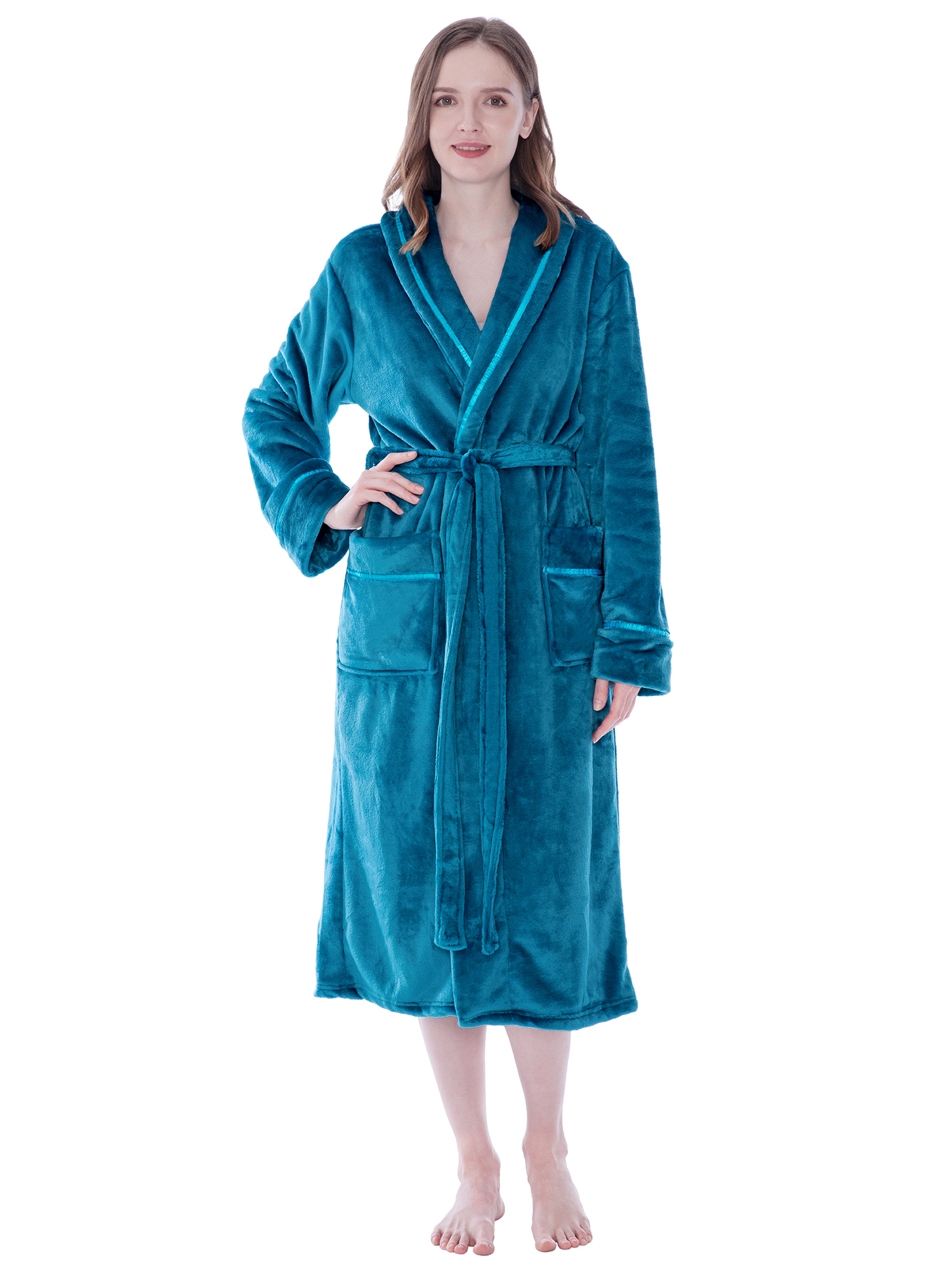 Women Fleece Bath Robe Plush Shawl Collar Spa Robe Soft Microfiber Long Bathrobe - Picture 70 of 99