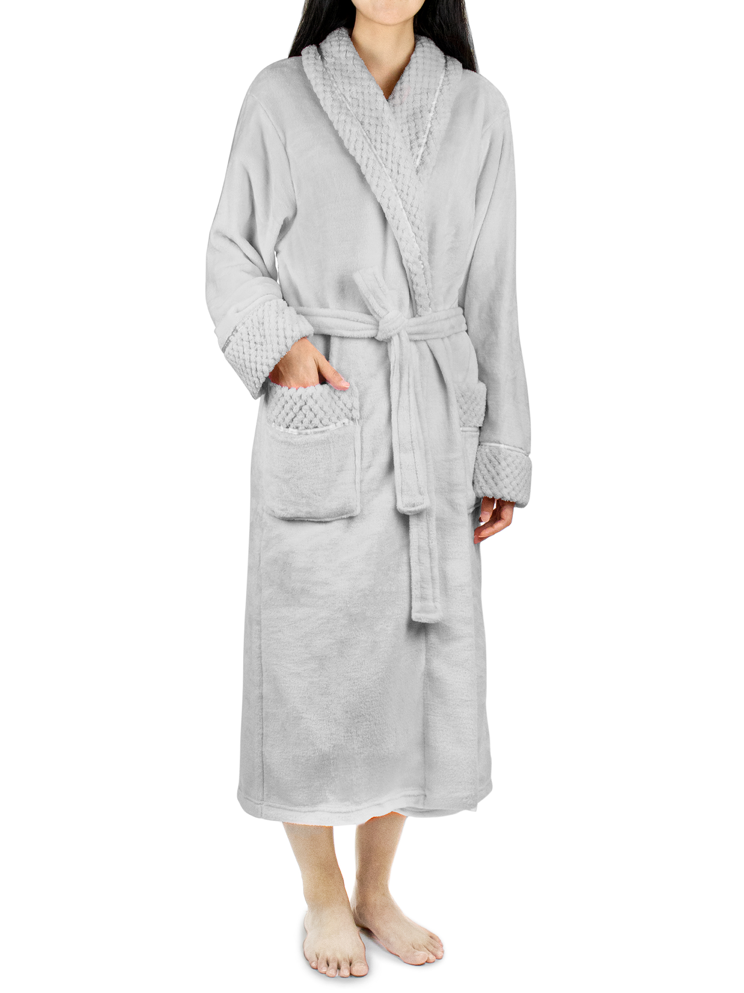 Womens Fleece Robe with Waffle Trim Plush Soft Warm Long Spa Night Bathrobe Lady