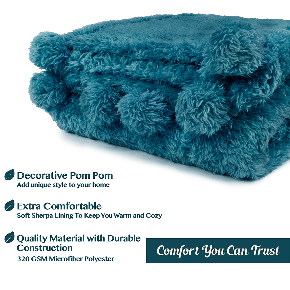 Soft Fuzzy Cozy Pom Pom Throw Blanket with Fluffy Sherpa Fleece for Sofa Couch - Picture 85 of 100