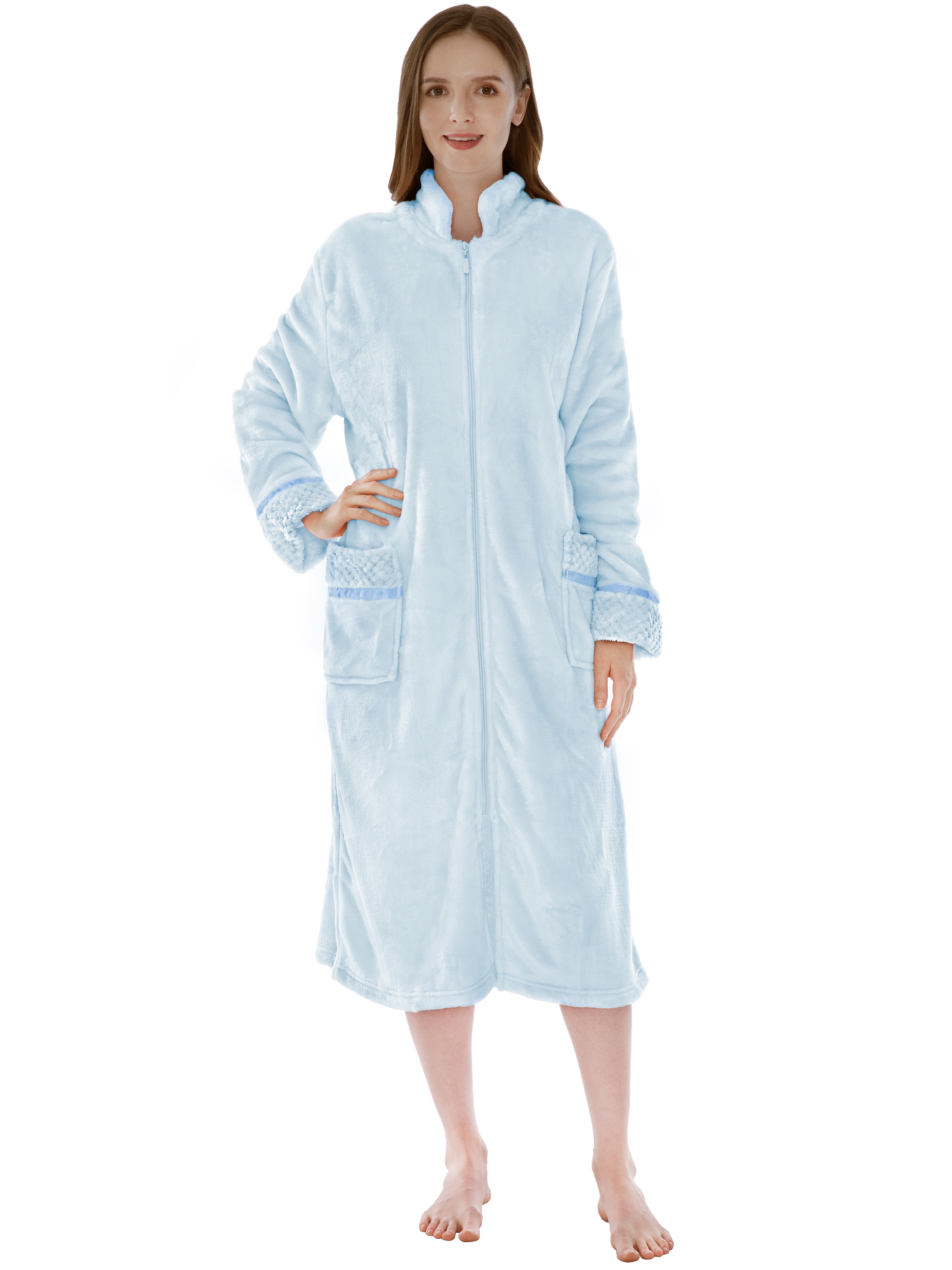 Women Zipper Robe Housecoat Lounger Zip Up Robe Full Length Satin Trim Ladies - Picture 20 of 89