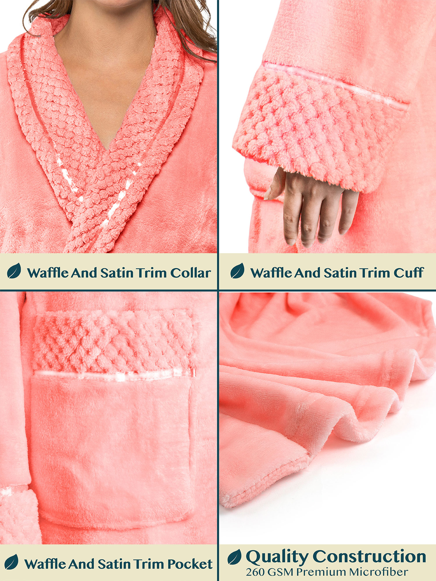 Womens Fleece Robe with Waffle Trim Plush Soft Warm Long Spa Night Bathrobe Lady