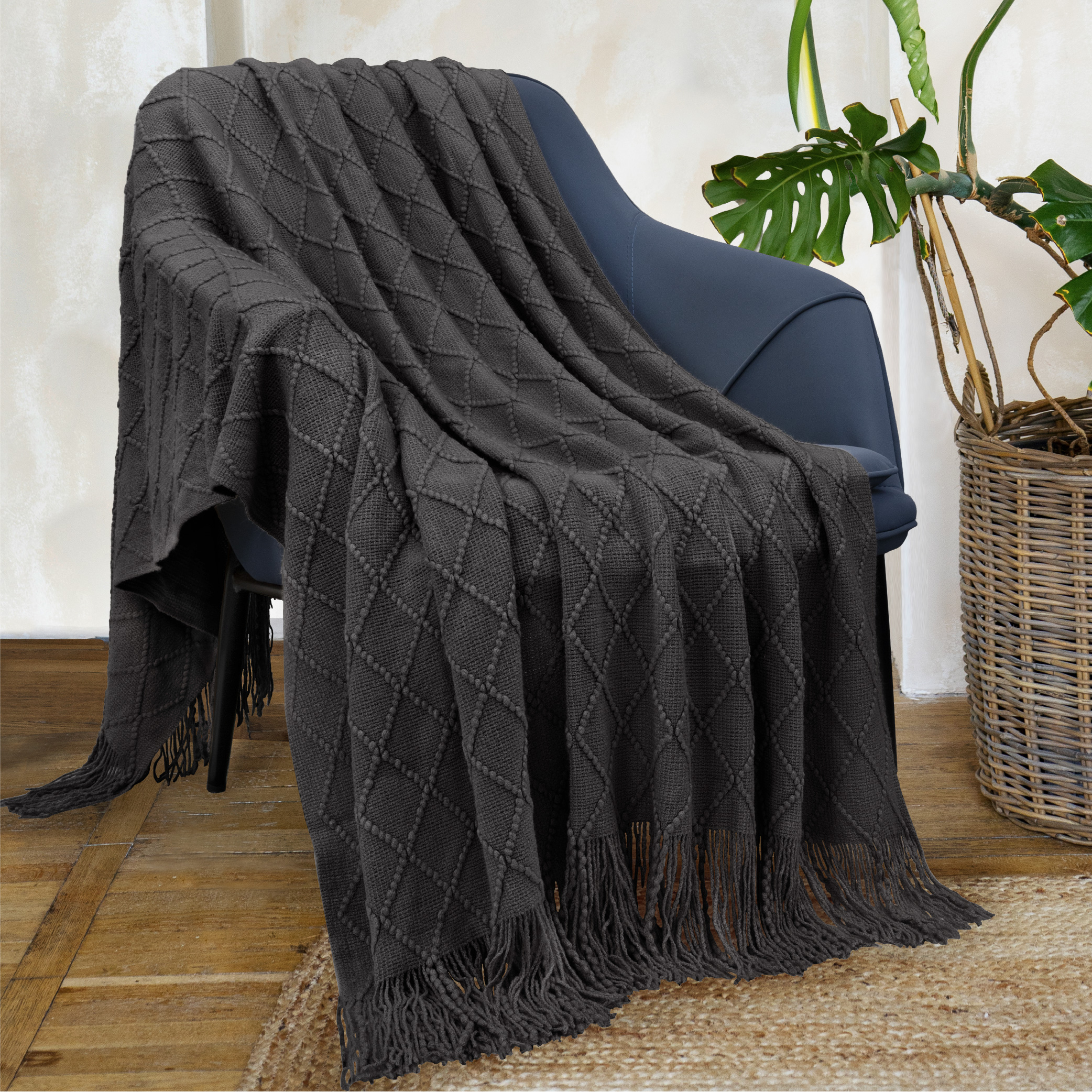 Decorative Fringe Throw Blanket for Couch Bed Sofa Soft Texture Knitted Blanket - Picture 7 of 64