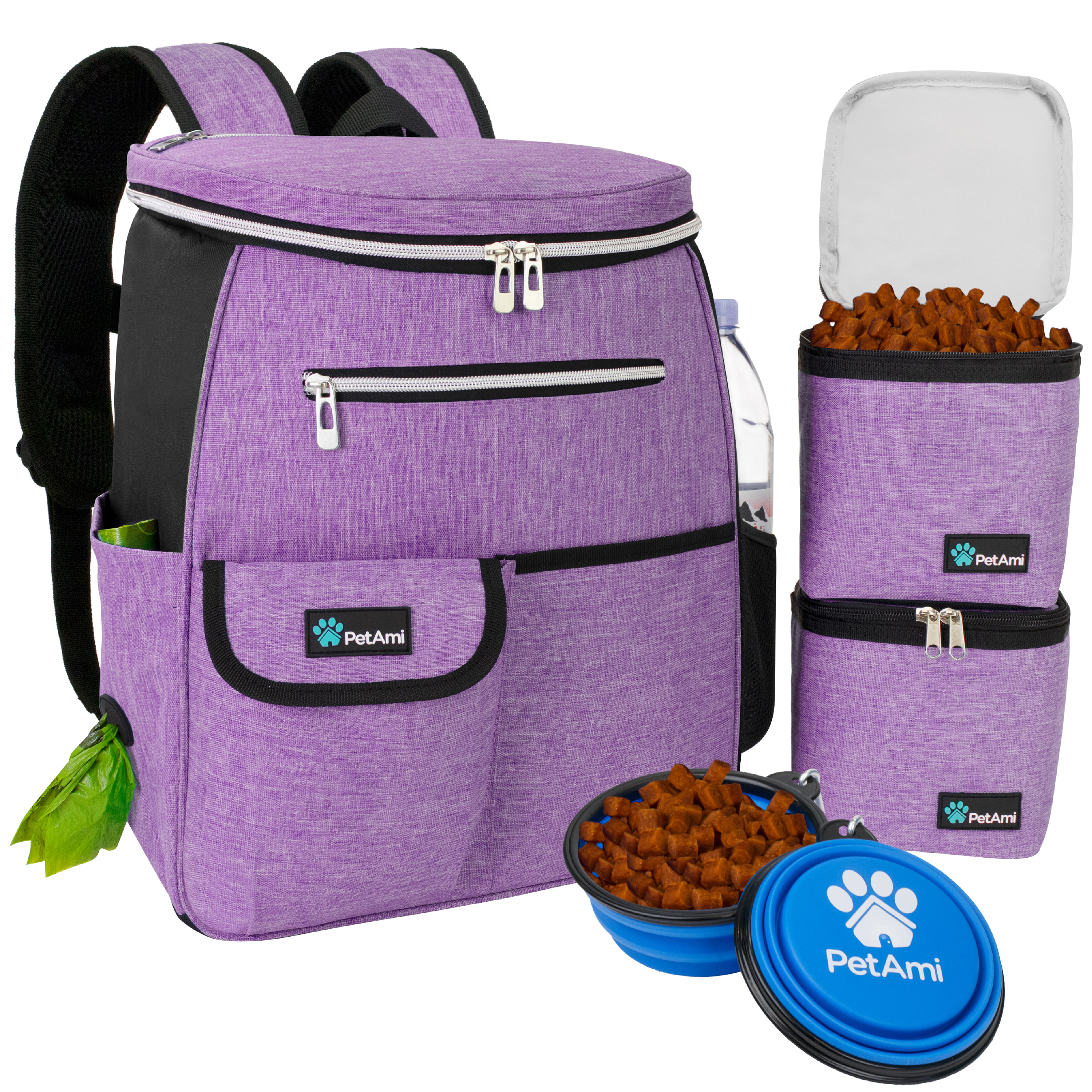 Dog Travel Bag Supply Backpack Traveling Organizer Set Pet Food Container Bowl