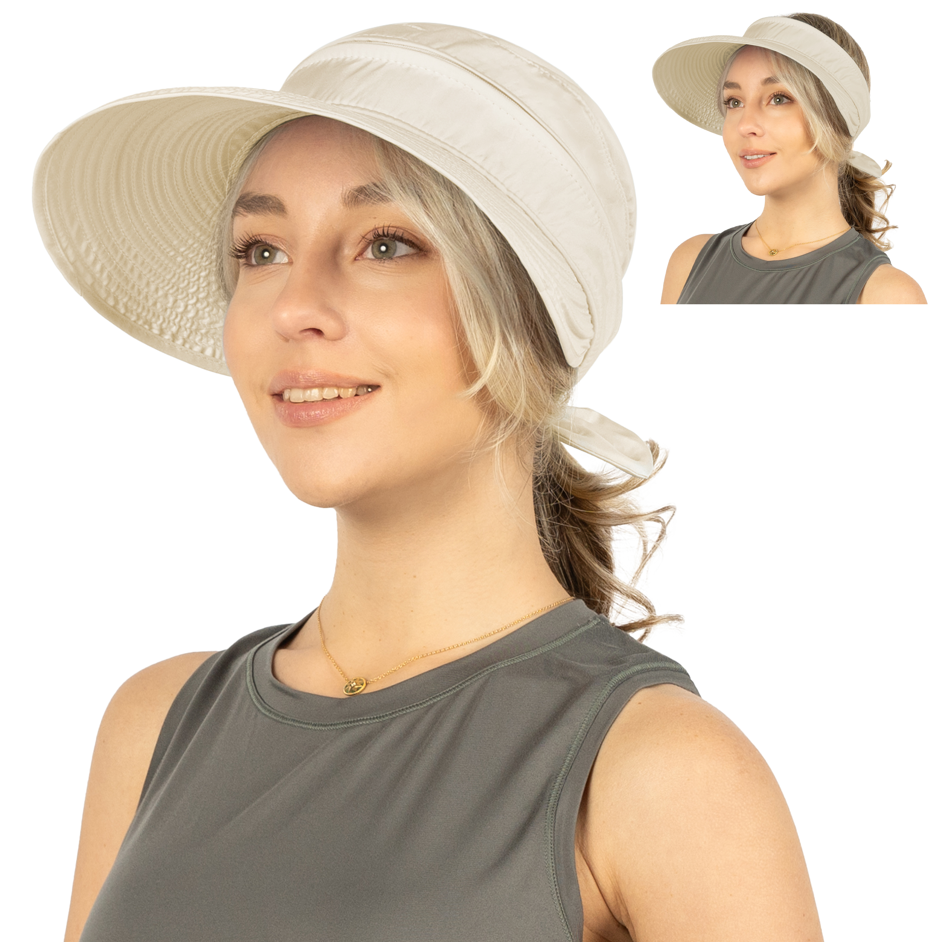 Sun Visor Hats for Women Wide Brim Foldable Summer Ponytail Cap Beach Zip-Off