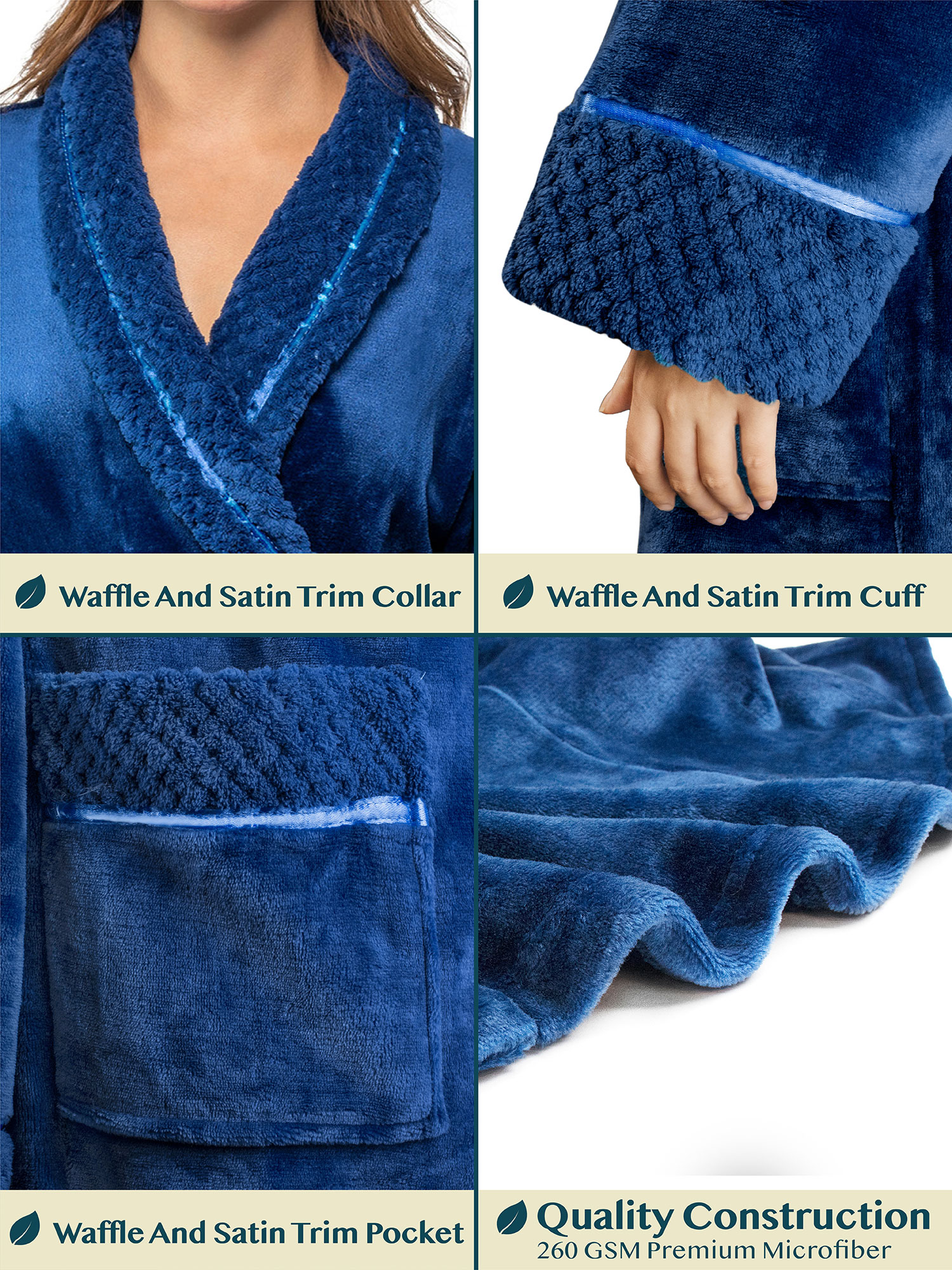 Womens Fleece Robe with Waffle Trim Plush Soft Warm Long Spa Night Bathrobe Lady