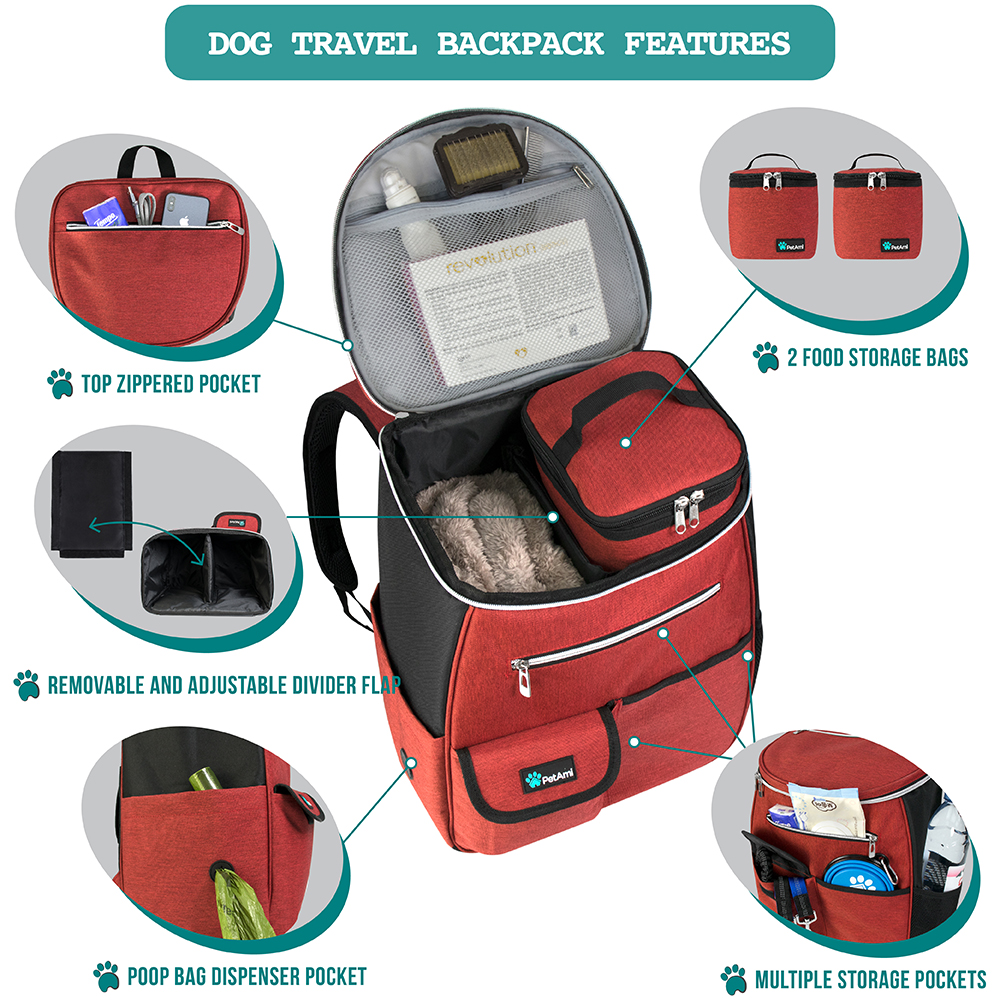 Dog Travel Bag Supply Backpack Traveling Organizer Set Pet Food Container Bowl