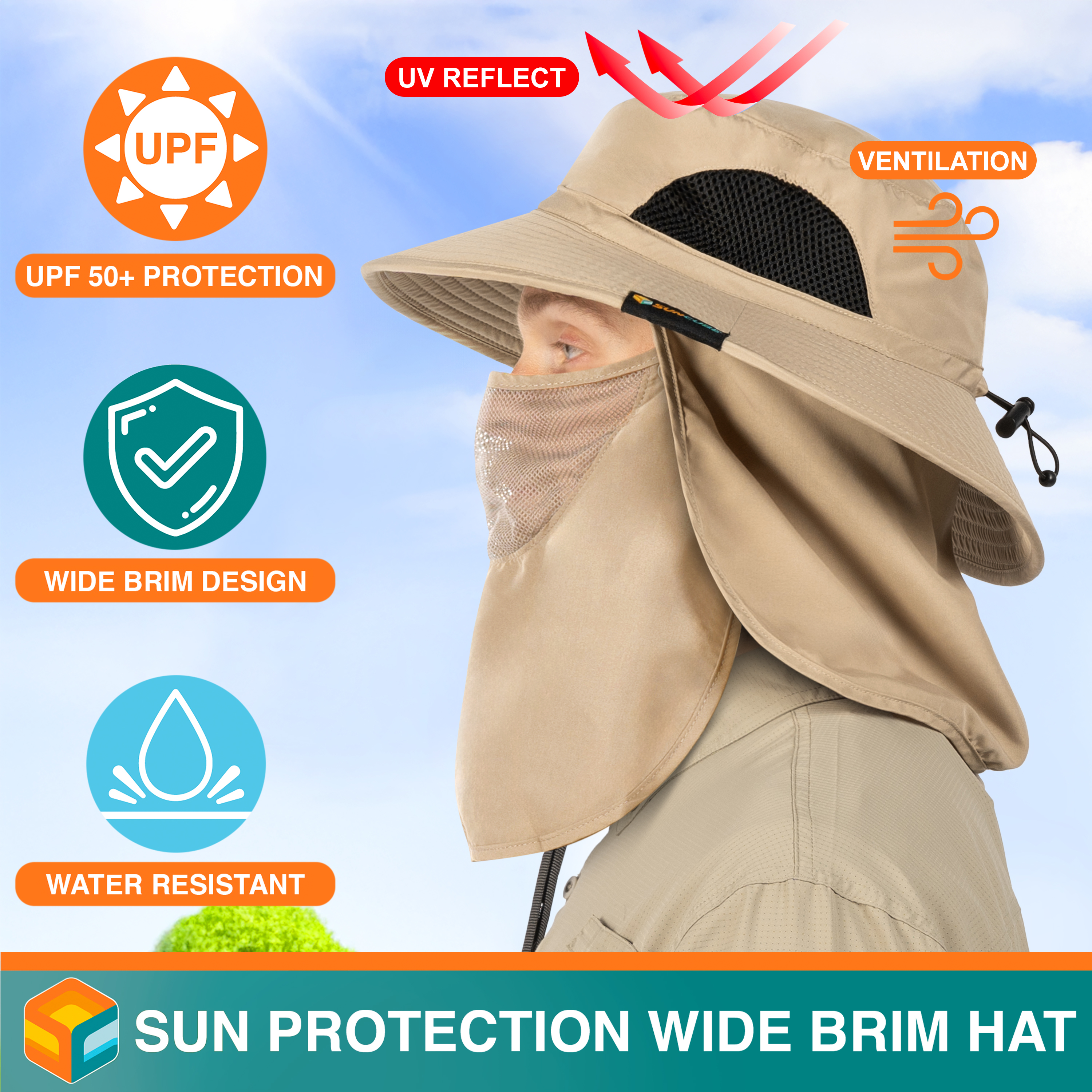Men Women UV Protection Sun Hats Neck Face Flap Cap Wide Brim Fishing Bucket Hat - Picture 12 of 48
