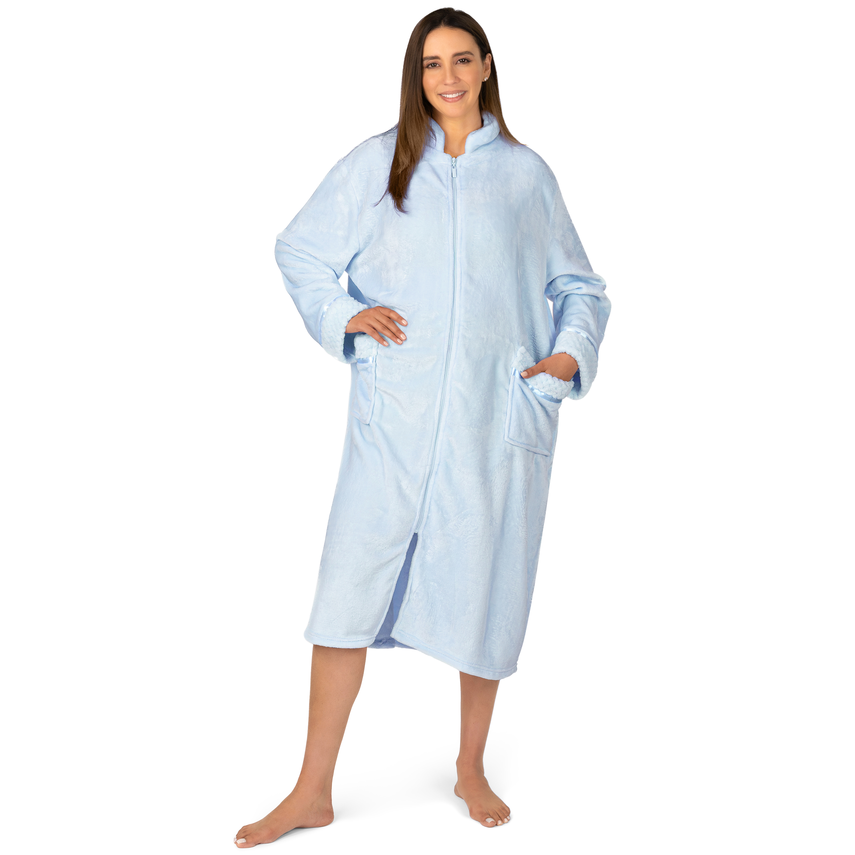 Women Zipper Robe Housecoat Lounger Zip Up Robe Full Length Satin Trim Ladies - Picture 27 of 89