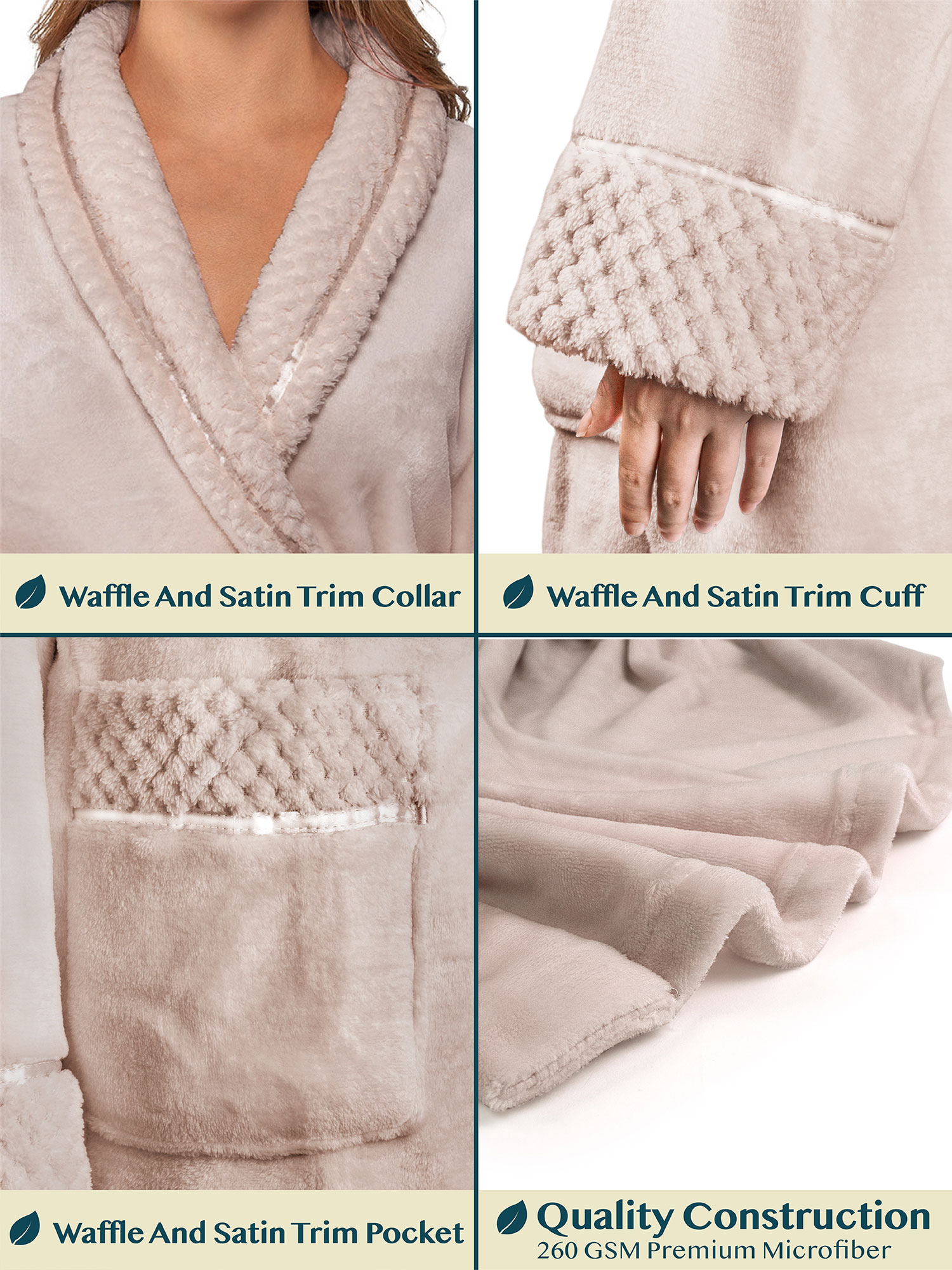 Womens Fleece Robe with Waffle Trim Plush Soft Warm Long Spa Night Bathrobe Lady