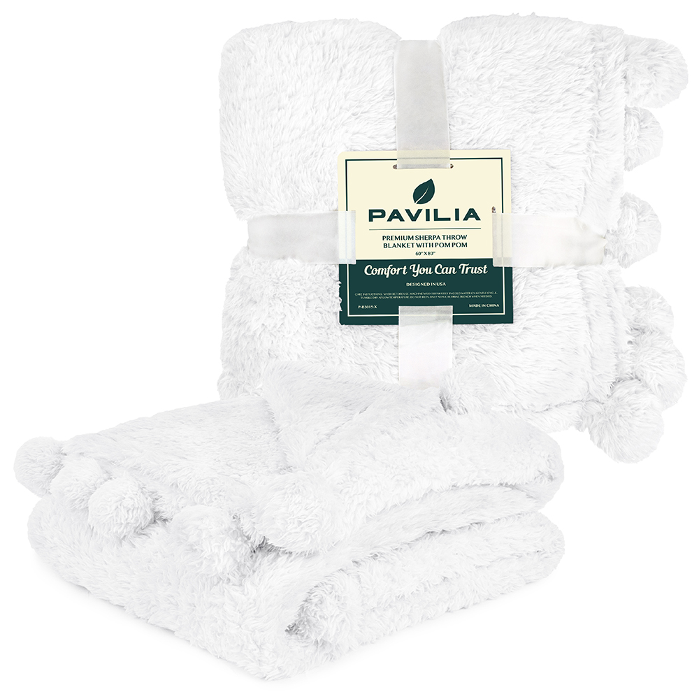 Soft Fuzzy Cozy Pom Pom Throw Blanket with Fluffy Sherpa Fleece for Sofa Couch - Picture 99 of 100