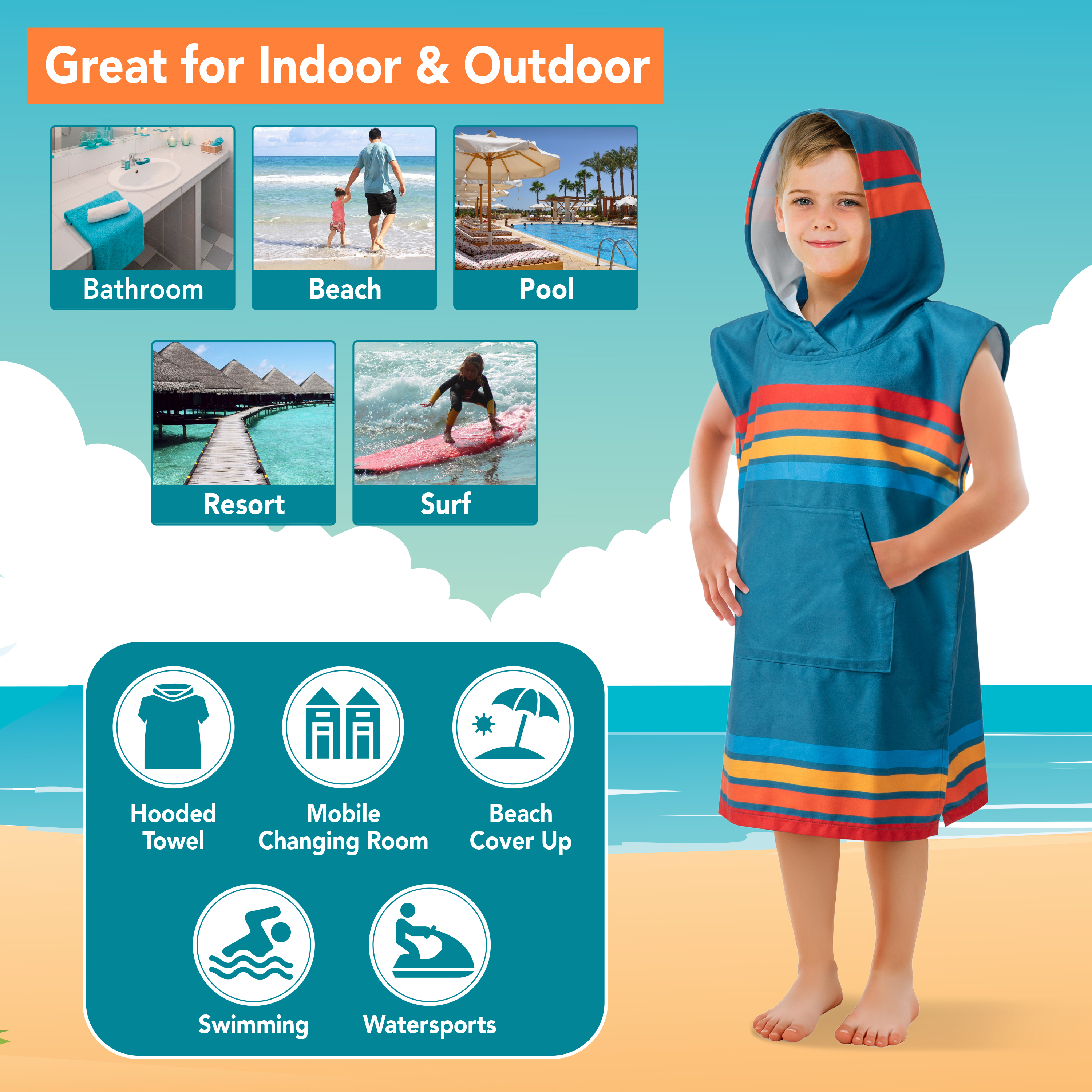 Kids Towel Changing Swim Robe Surf Poncho Quick Dry Microfiber Hooded 3-7 Years - Picture 27 of 43
