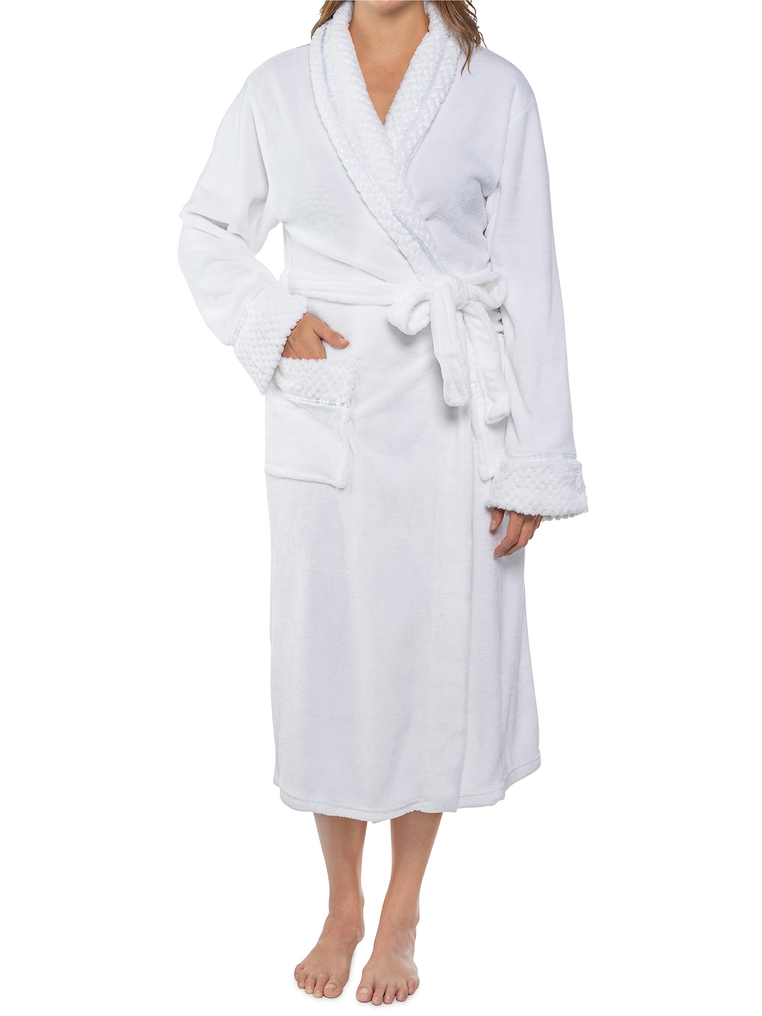 Womens Fleece Robe with Waffle Trim Plush Soft Warm Long Spa Night Bathrobe Lady