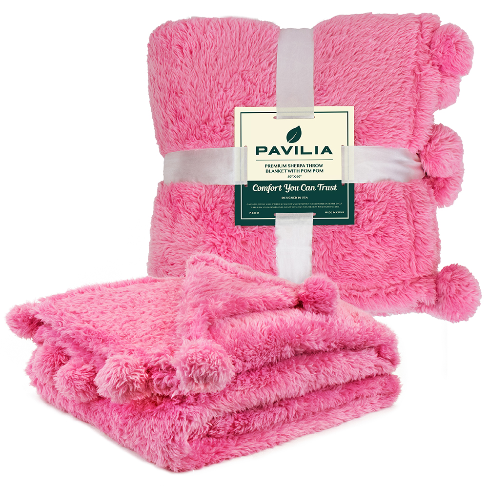 Soft Fuzzy Cozy Pom Pom Throw Blanket with Fluffy Sherpa Fleece for Sofa Couch - Picture 47 of 100