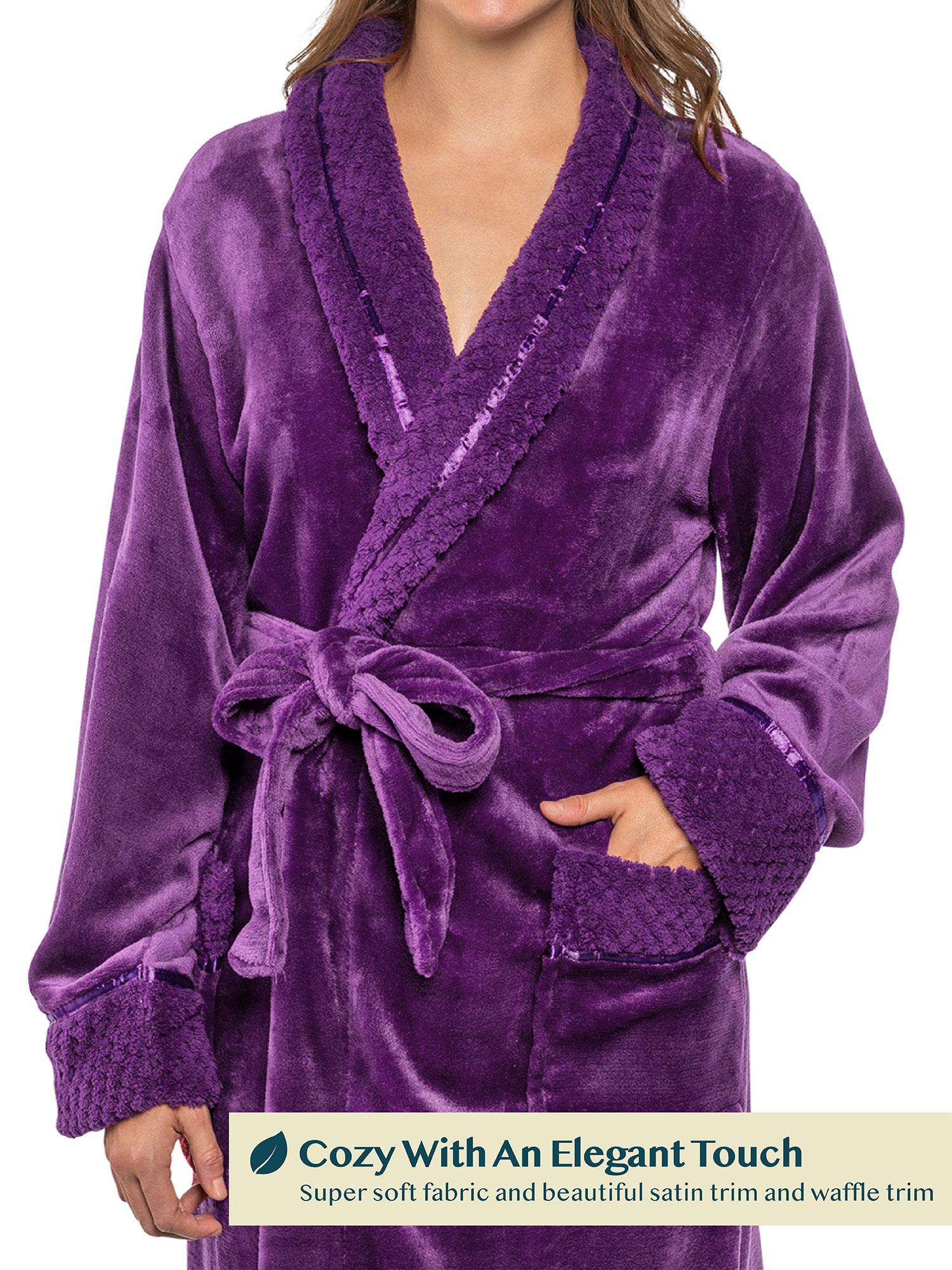 Womens Fleece Robe with Waffle Trim Plush Soft Warm Long Spa Night Bathrobe Lady