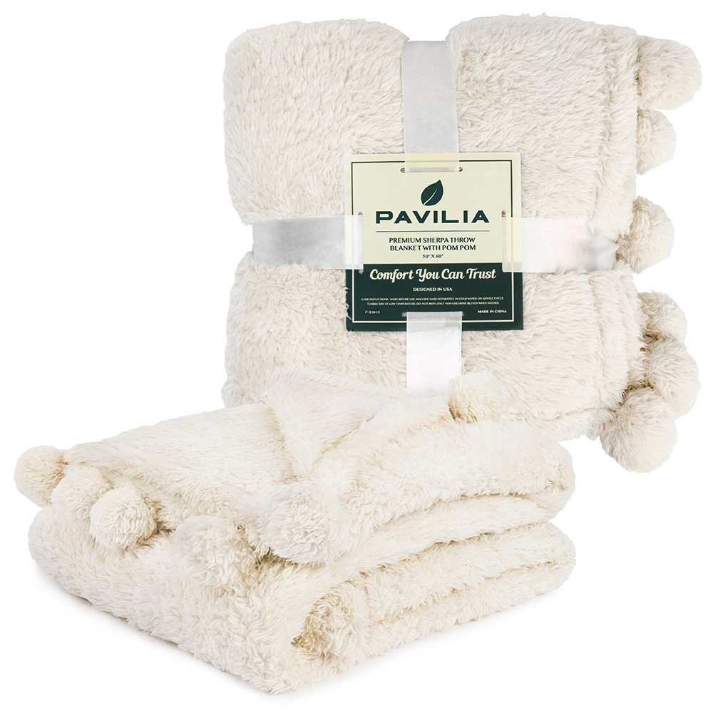 Soft Fuzzy Cozy Pom Pom Throw Blanket with Fluffy Sherpa Fleece for Sofa Couch - Picture 19 of 100