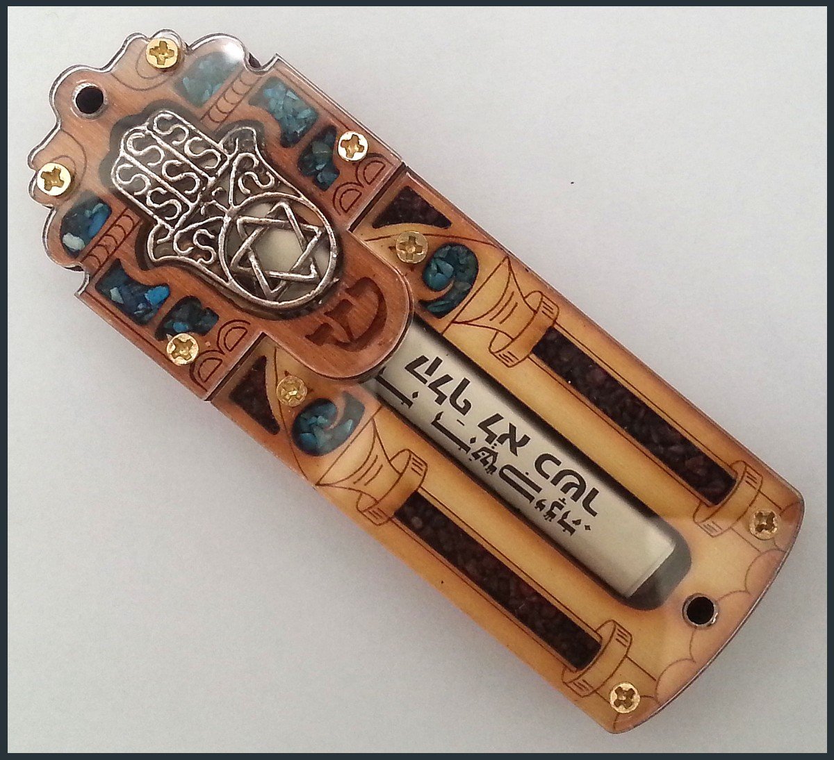 Star of David & Hamesh Hamsa Hand Mezuzah with Shema Israel Scroll