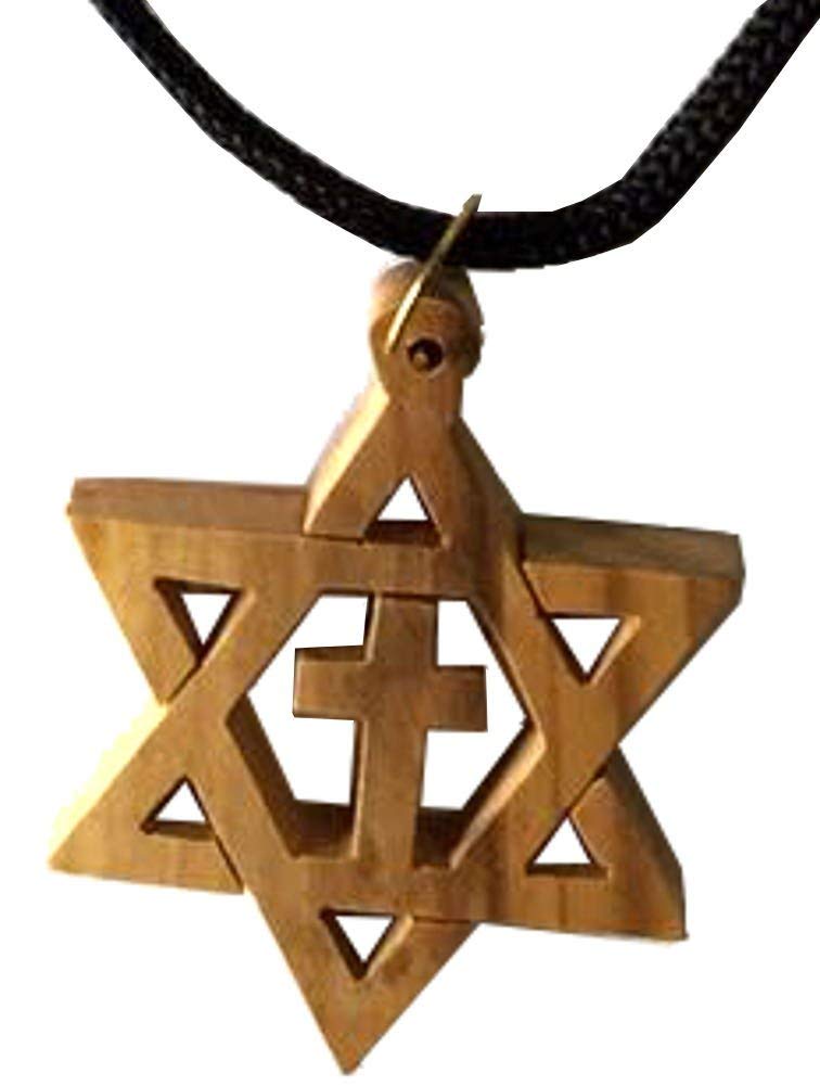 Messianic Olive Wood Star Of David With Cross Carved By Hand And