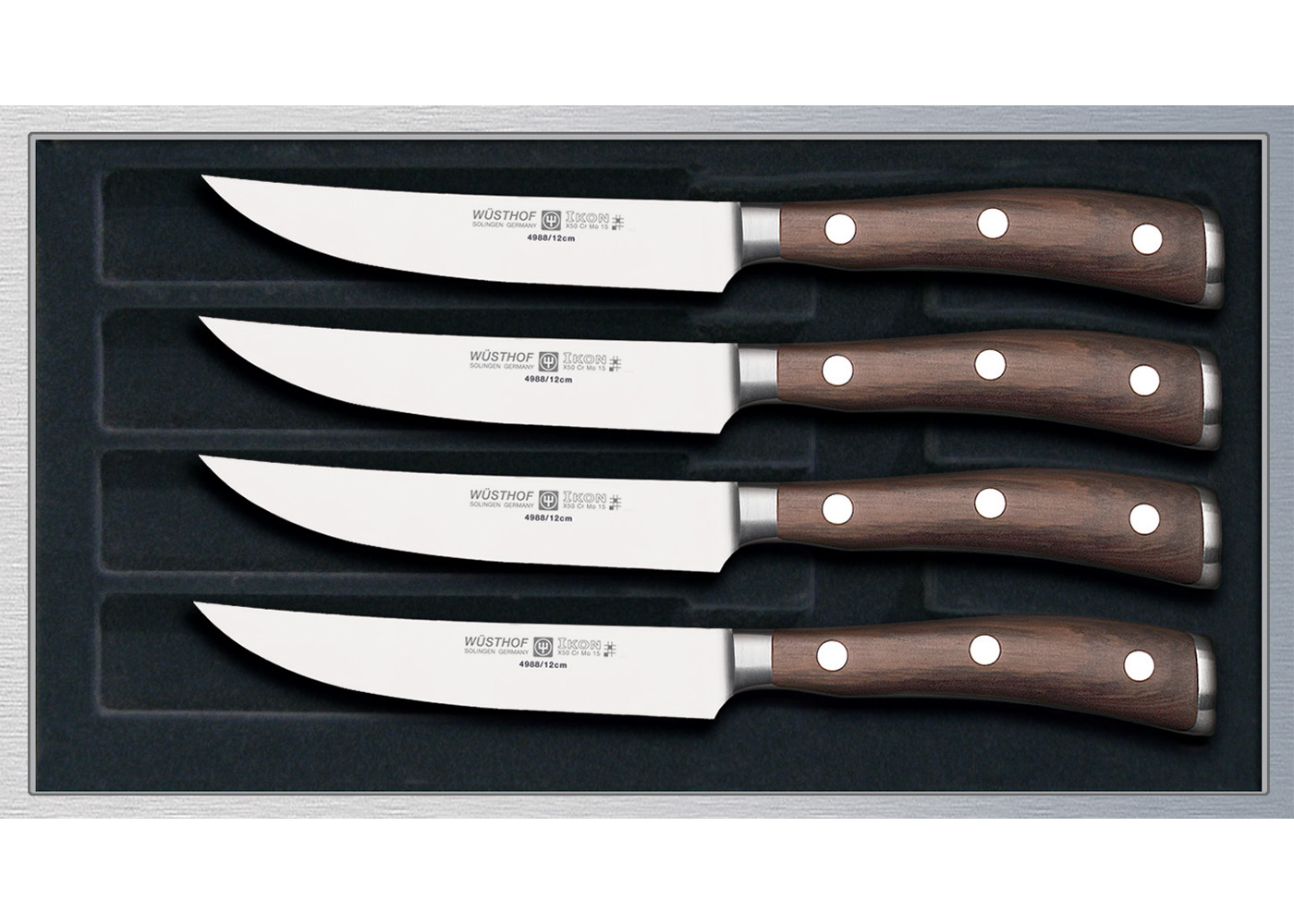 Wusthof Ikon Blackwood 4 Piece Steak Knife Set In Walnut Presentation
