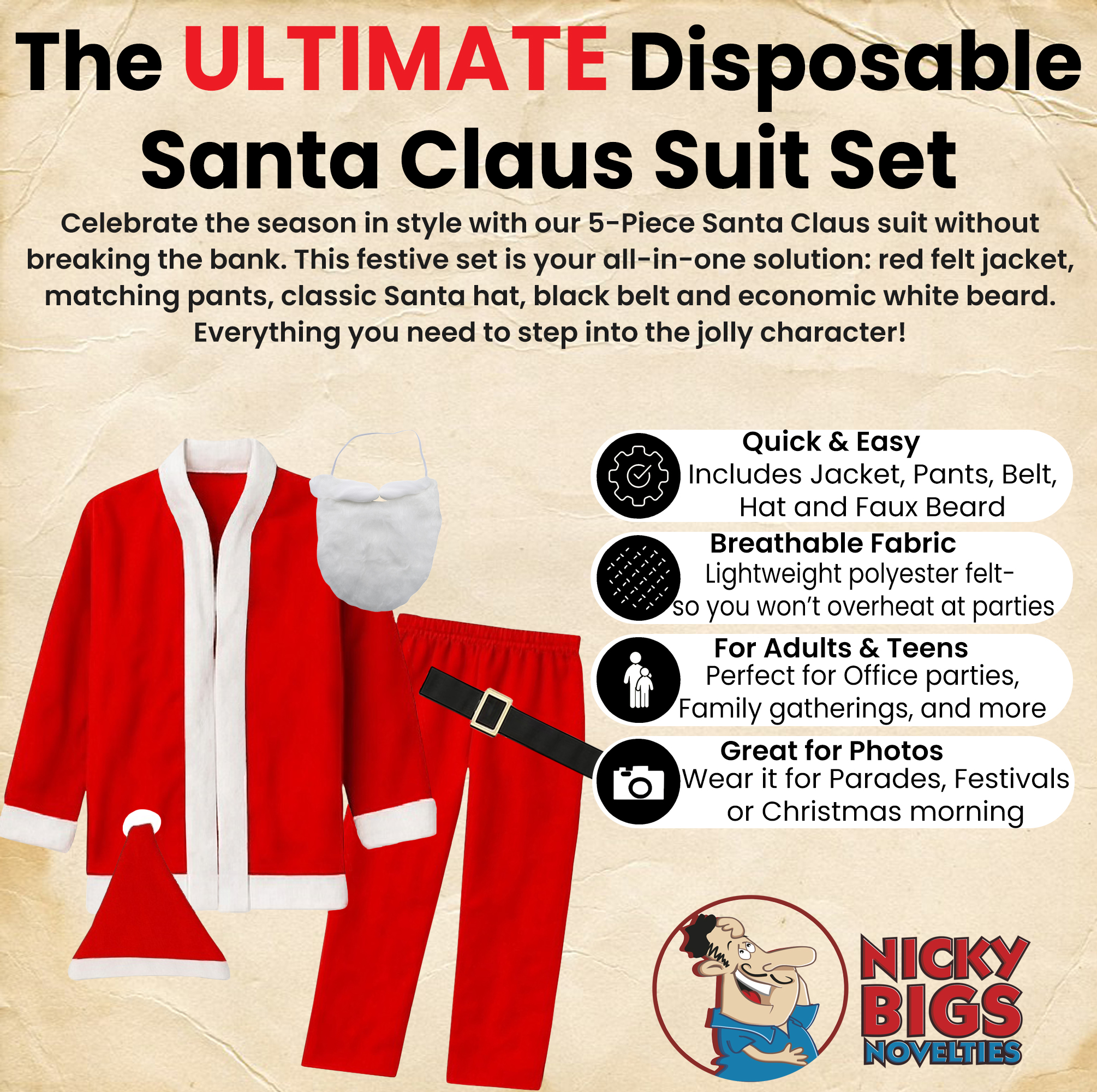 5 Piece Cheap Santa Suit Set Christmas Santa Claus Costume With Beard Adult Size 2