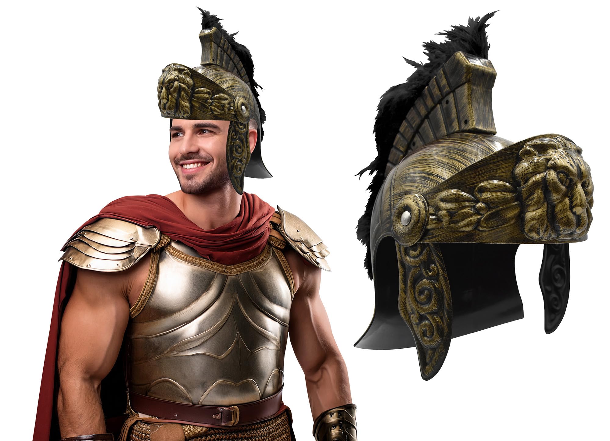 Adult Gold Roman Helmet Spartan Greek With Red Feathers Armor Gladiator Costume - Picture 9 of 37