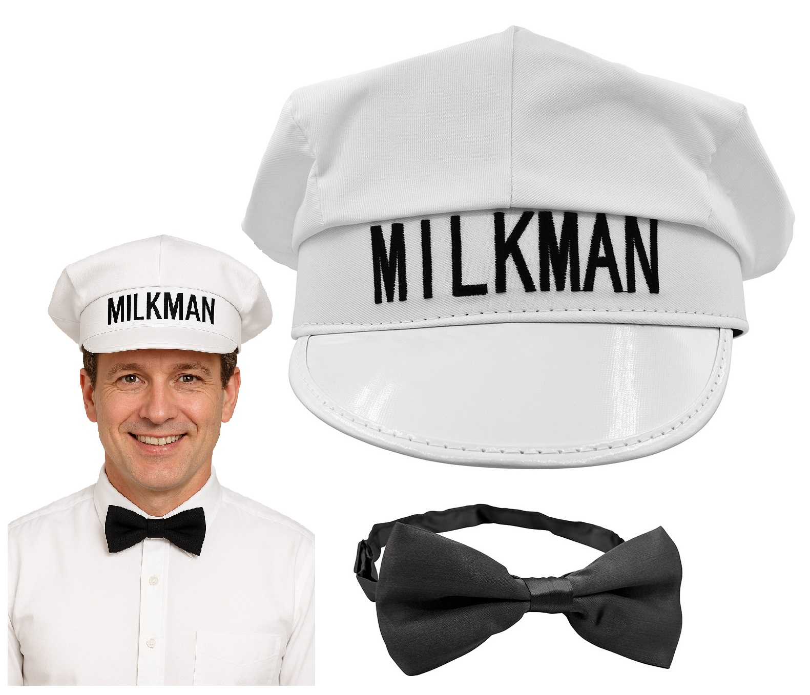 White Milkman Milk Man Hat and Black Bowtie Set Adjustable Halloween  Accessory | eBay