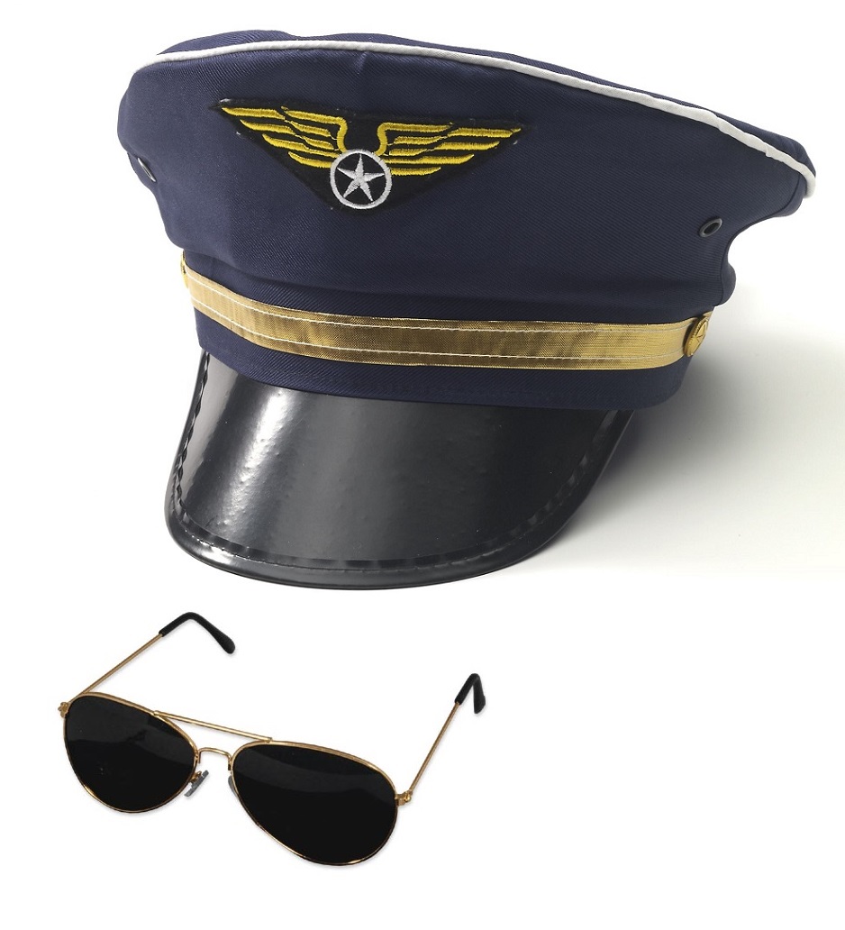 Mens Airline Aviator Sunglasses Navy Blue Pilot Hat Adjustable