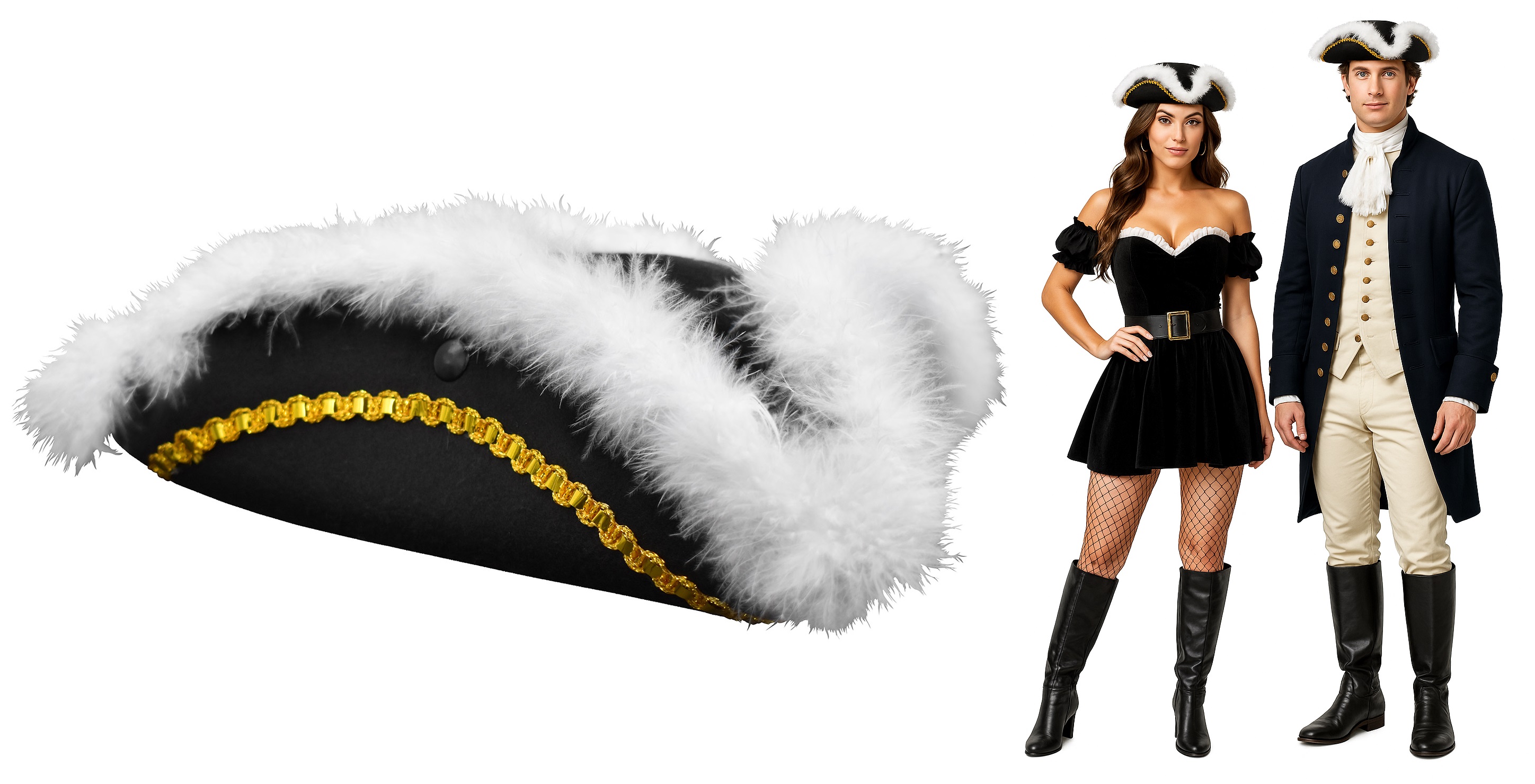 Adult Black Tricorn Hat White Faux Feathers Brim Tri-Corner Pirate