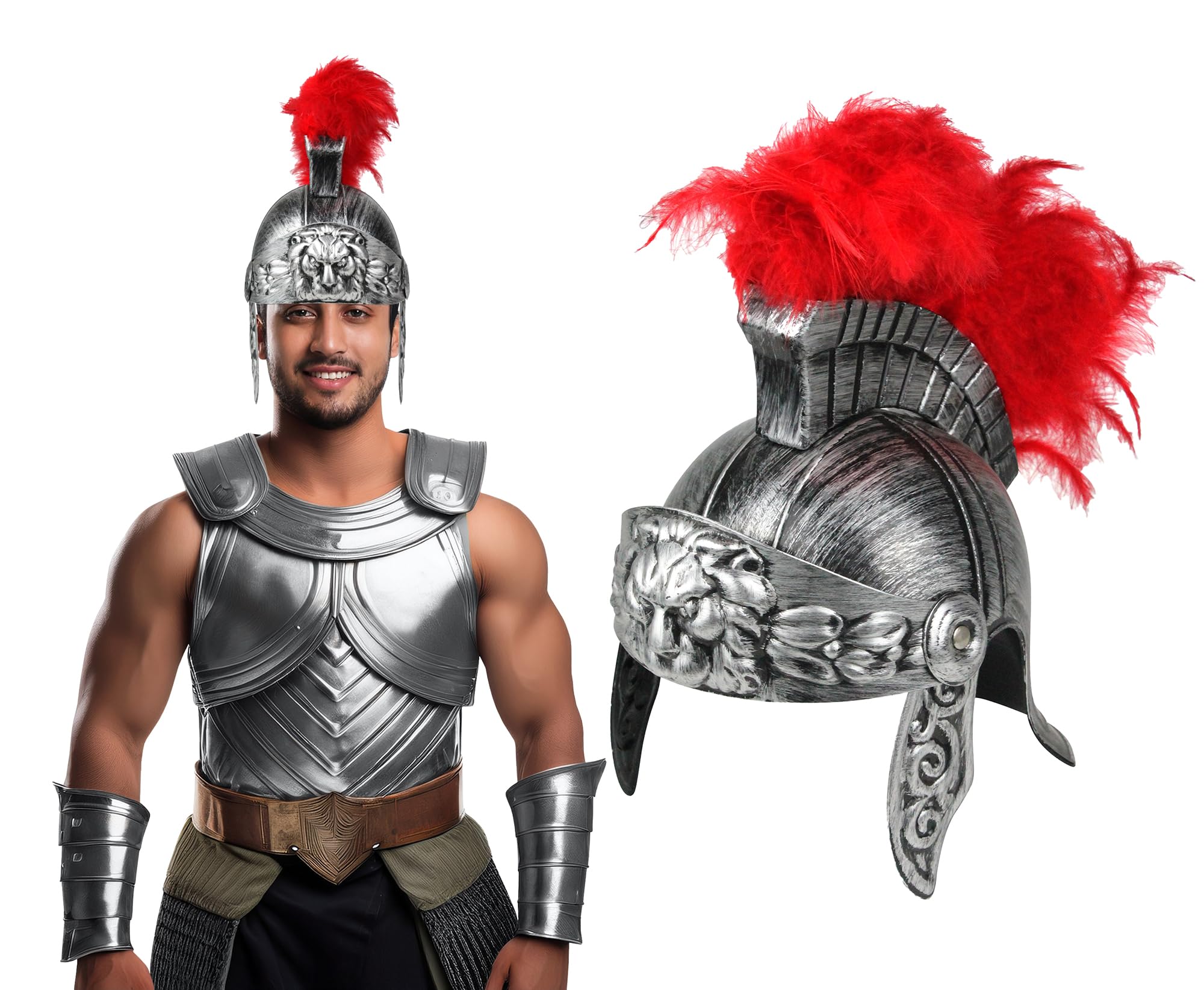 Adult Gold Roman Helmet Spartan Greek With Red Feathers Armor Gladiator Costume - Picture 16 of 37