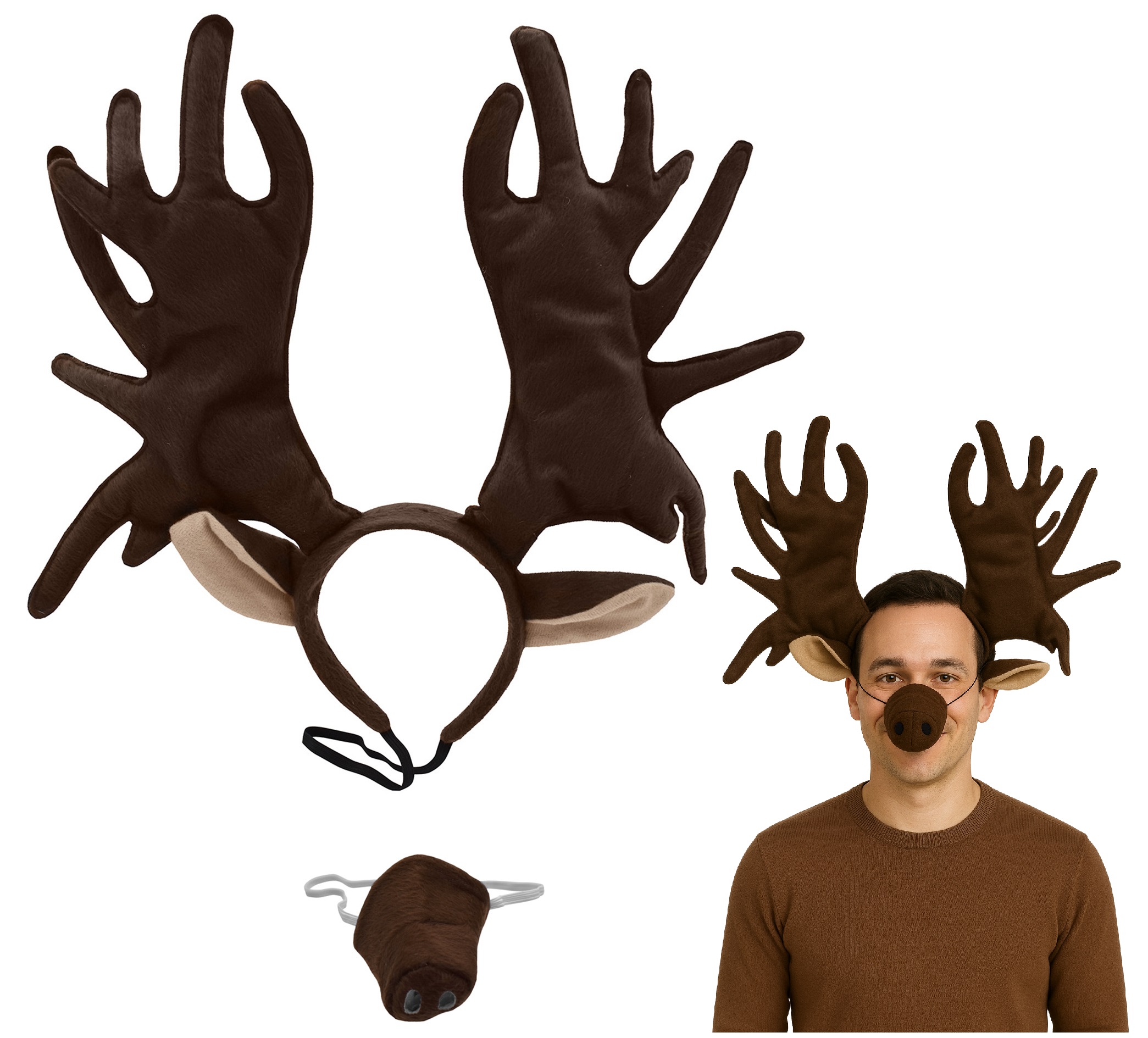 Brown Moose Antler Ears Headband Nose Reindeer Antlers  display picture 2
