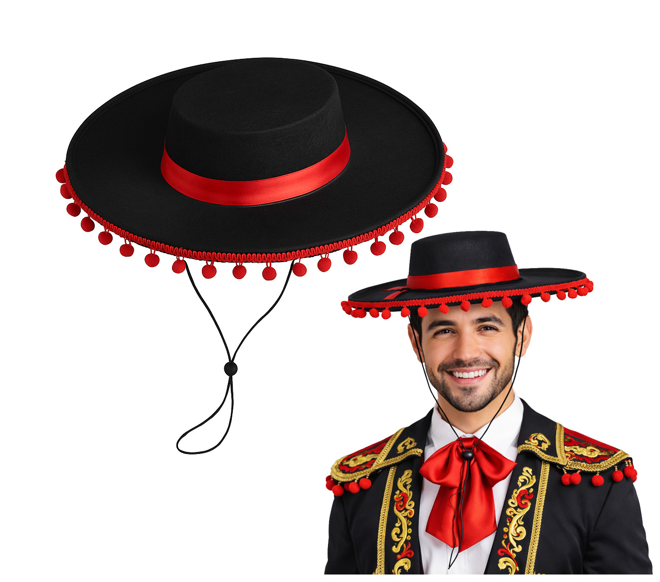Adult Cosplay Matador Hat Red Poms Bullfighter Mariachi Cap