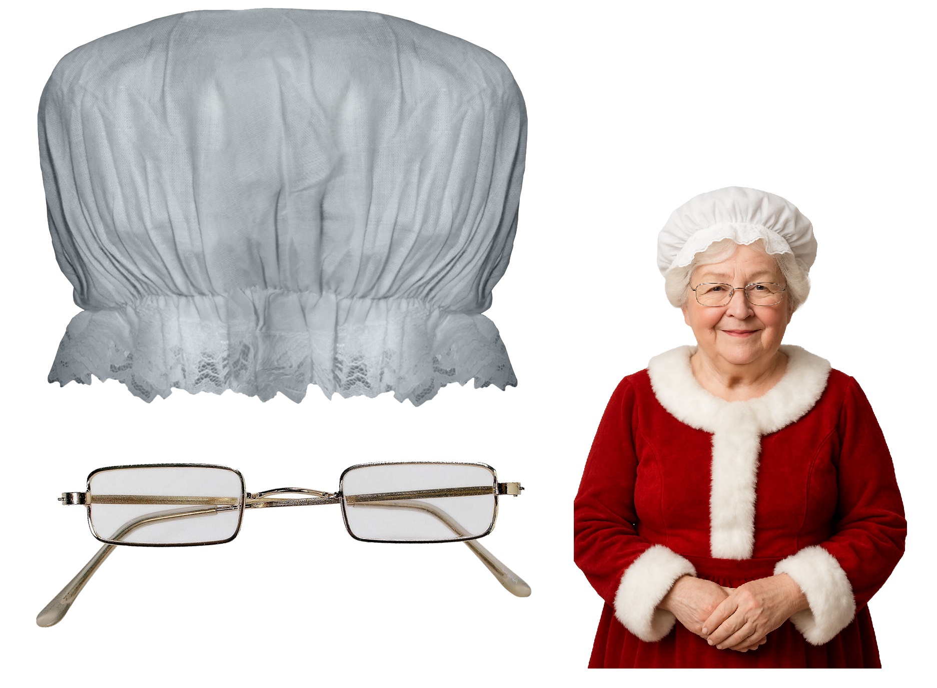 Old Woman Mrs. Claus Mob Cap Mop Hat Granny Square Frame Glasses