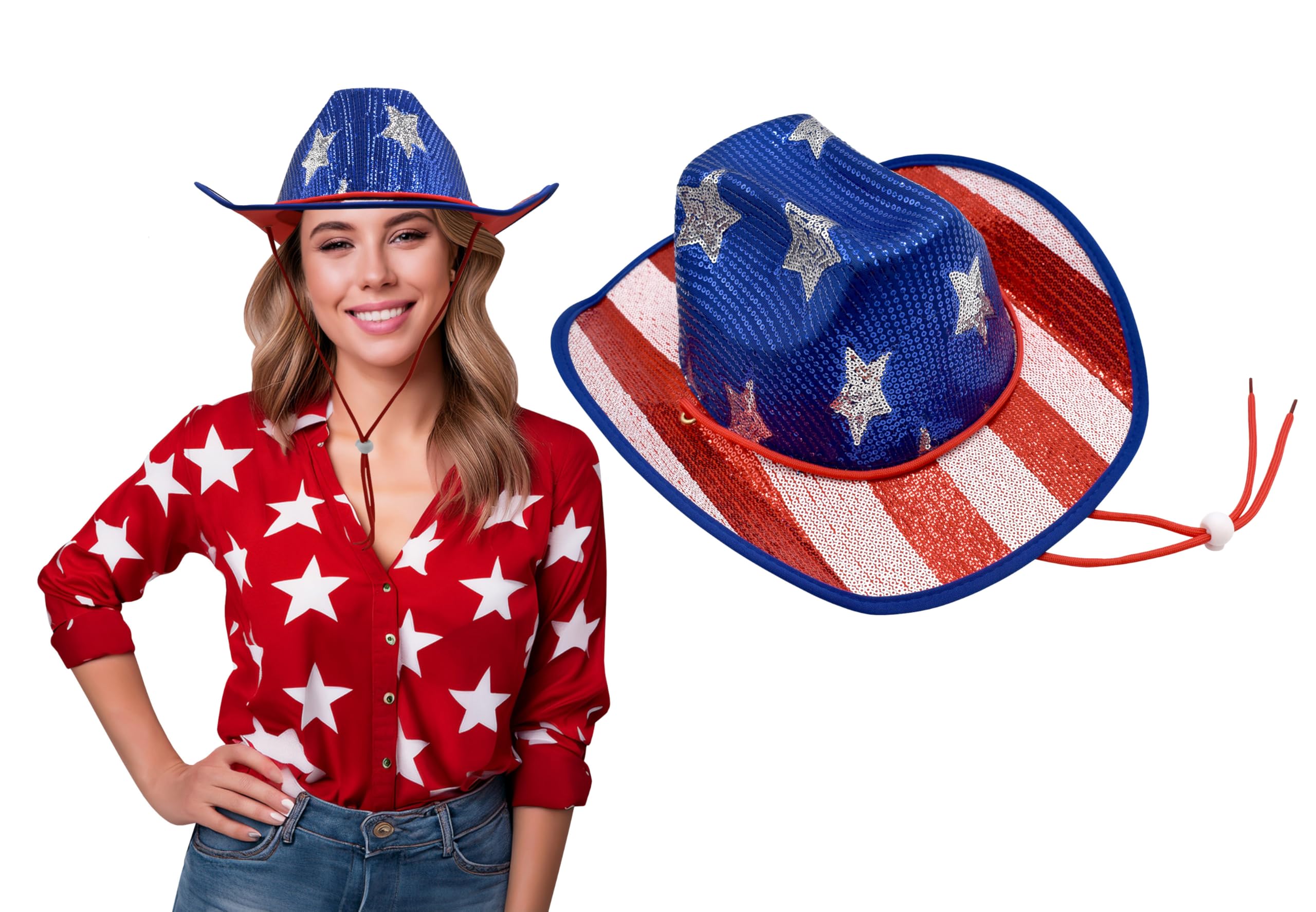7828 Sparkly Us-flag Western Cowboy Hat - 4th Of July Red White Blue Sequin Sparkly US-Flag Western Cowboy Hat, 4th of July Red White  main image 2