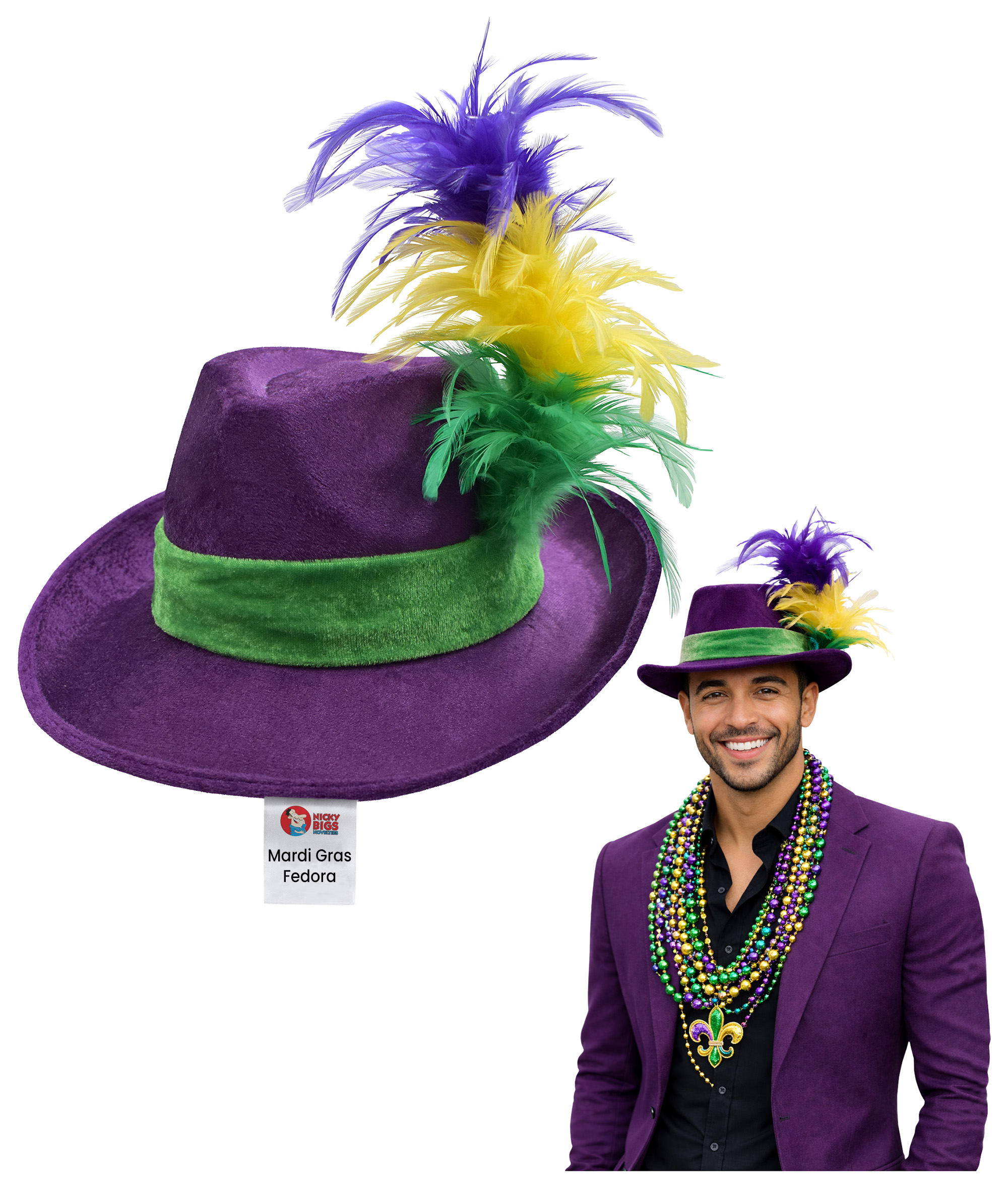 Velvet Mardi Gras Fedora Hat Feather Fedoras Parade Festival  display picture 3