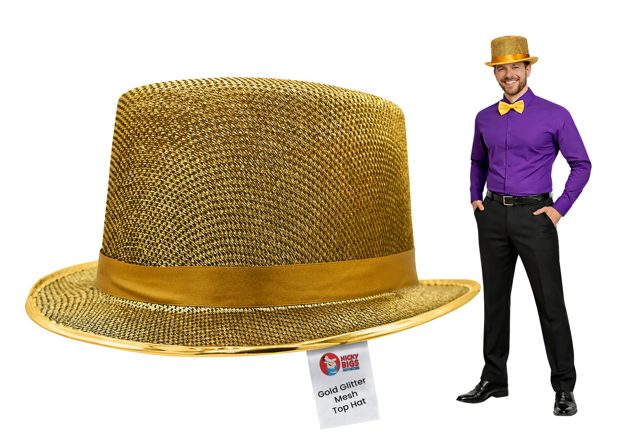 Adult Shiny Yellow Gold Glitter Mesh Top Hat Mardi Gras 