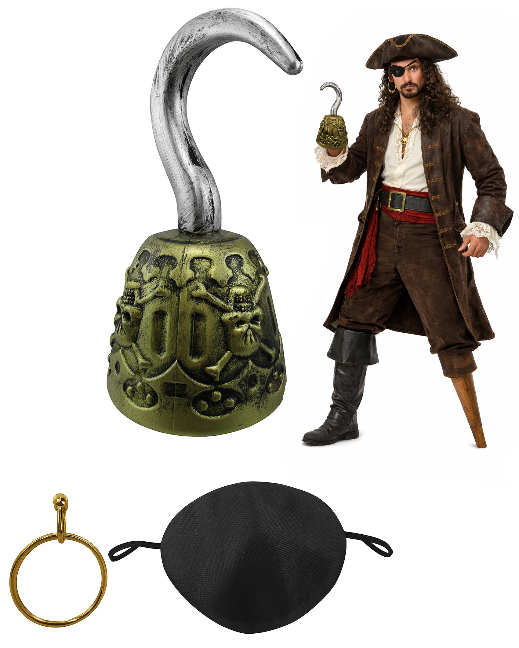 Handheld Pirate Hook Gold Clip-On Earring Black Eye Patch Costume