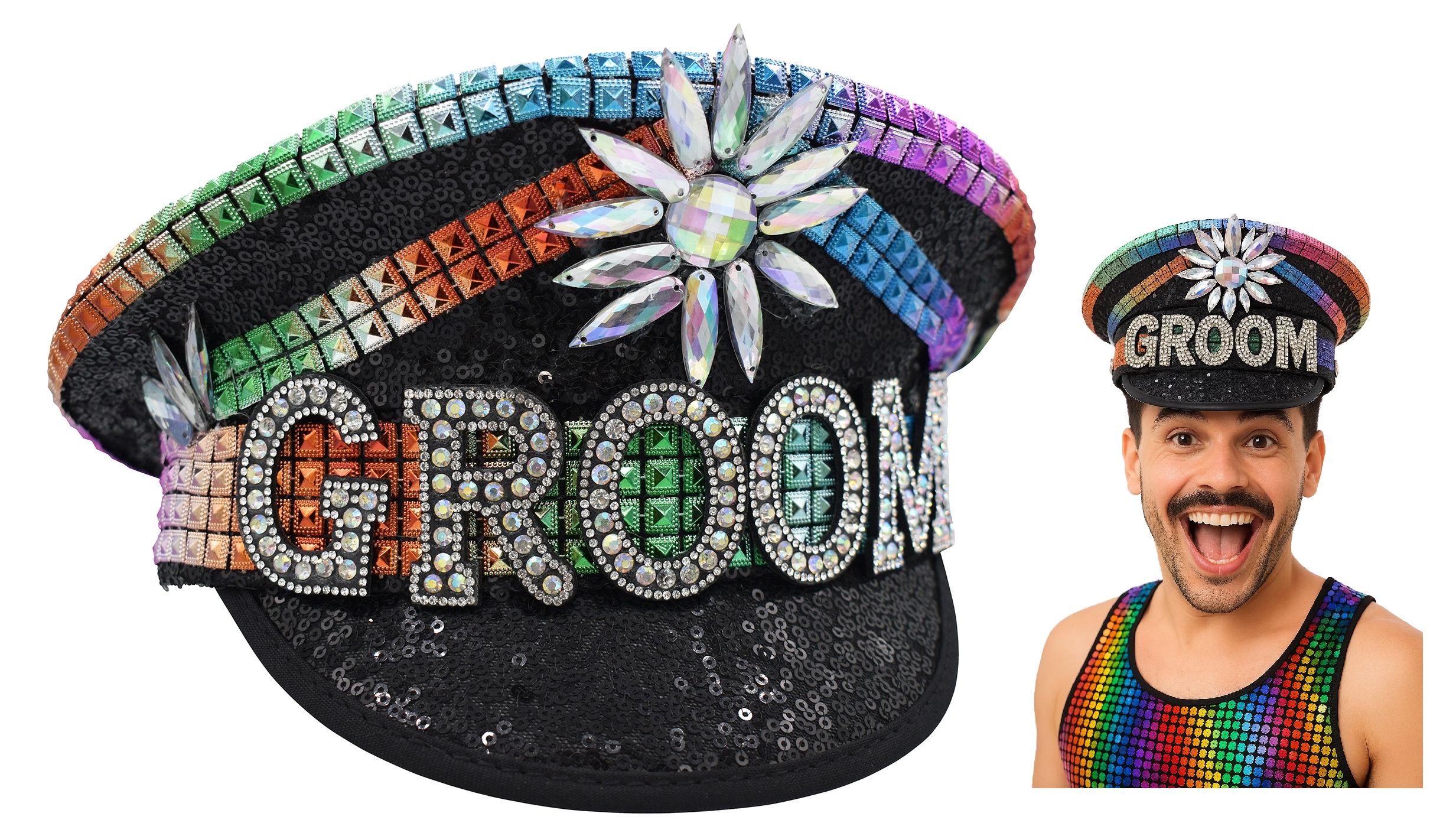 Rainbow festival sequin captains hat Steampunk Sequins with Rainbow Feathers Fisherman Military Cap main image 4
