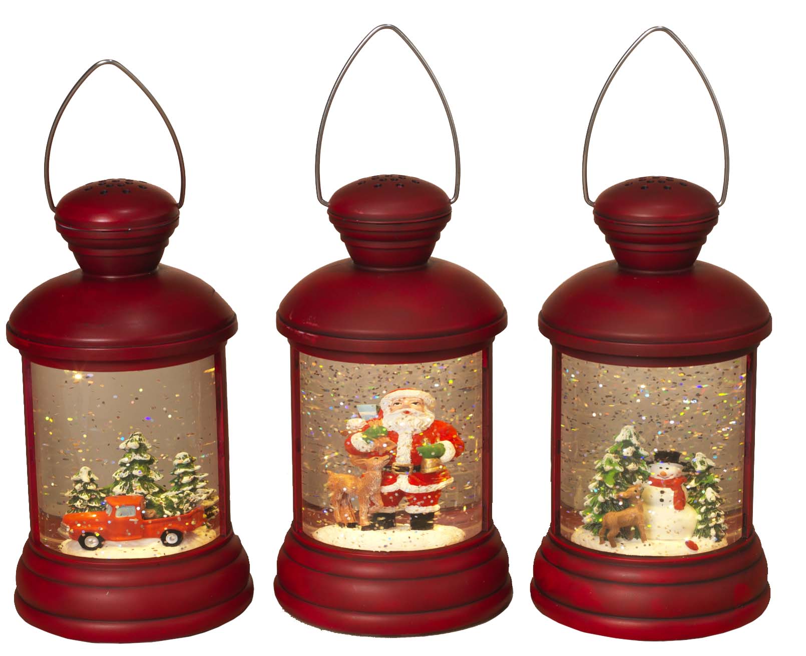 Red Christmas Winter Scene Spinning Water Snow Globe Lanterns Set with