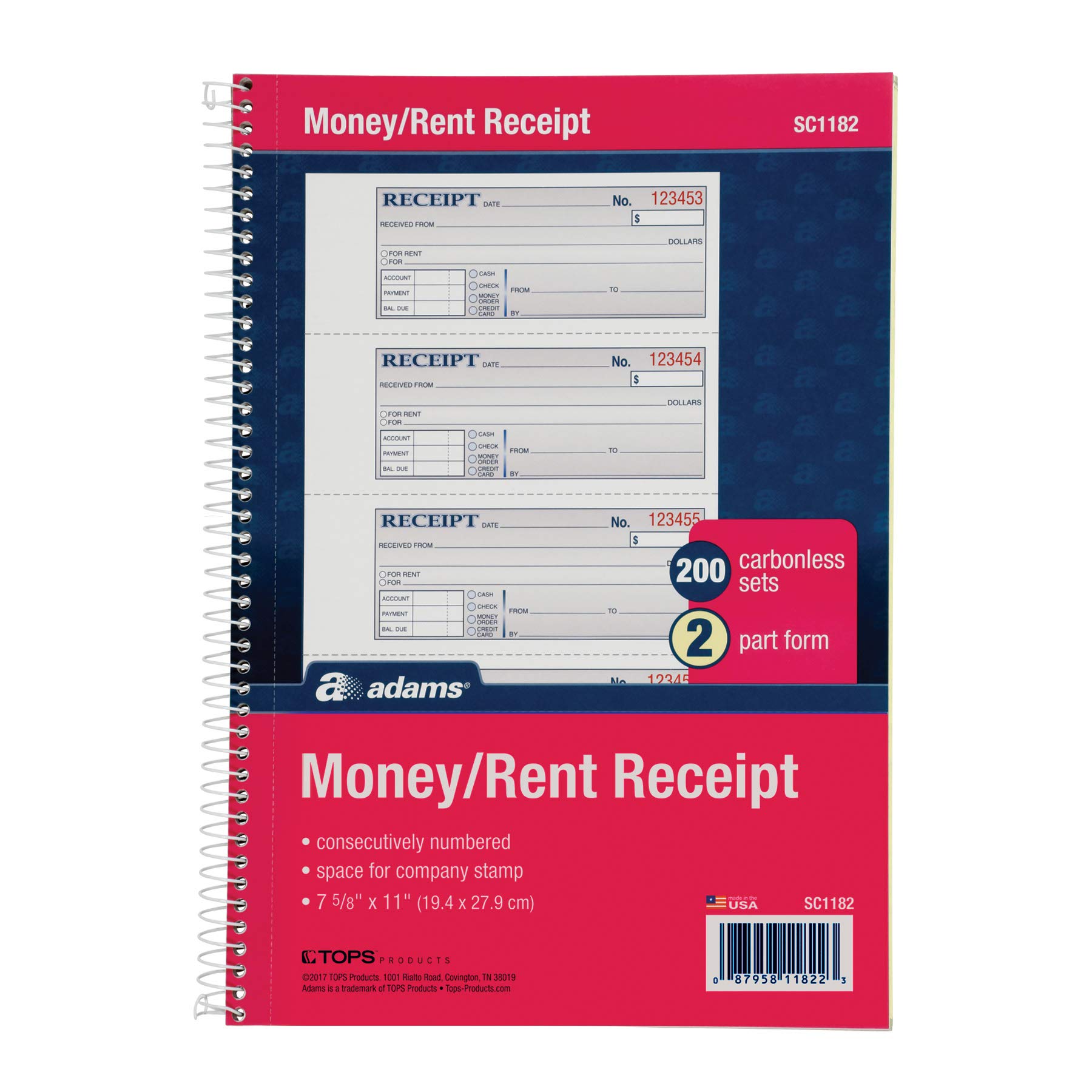 Adams Money and Rent Receipt Book, 2Part Carbonless, 75/8" x 11
